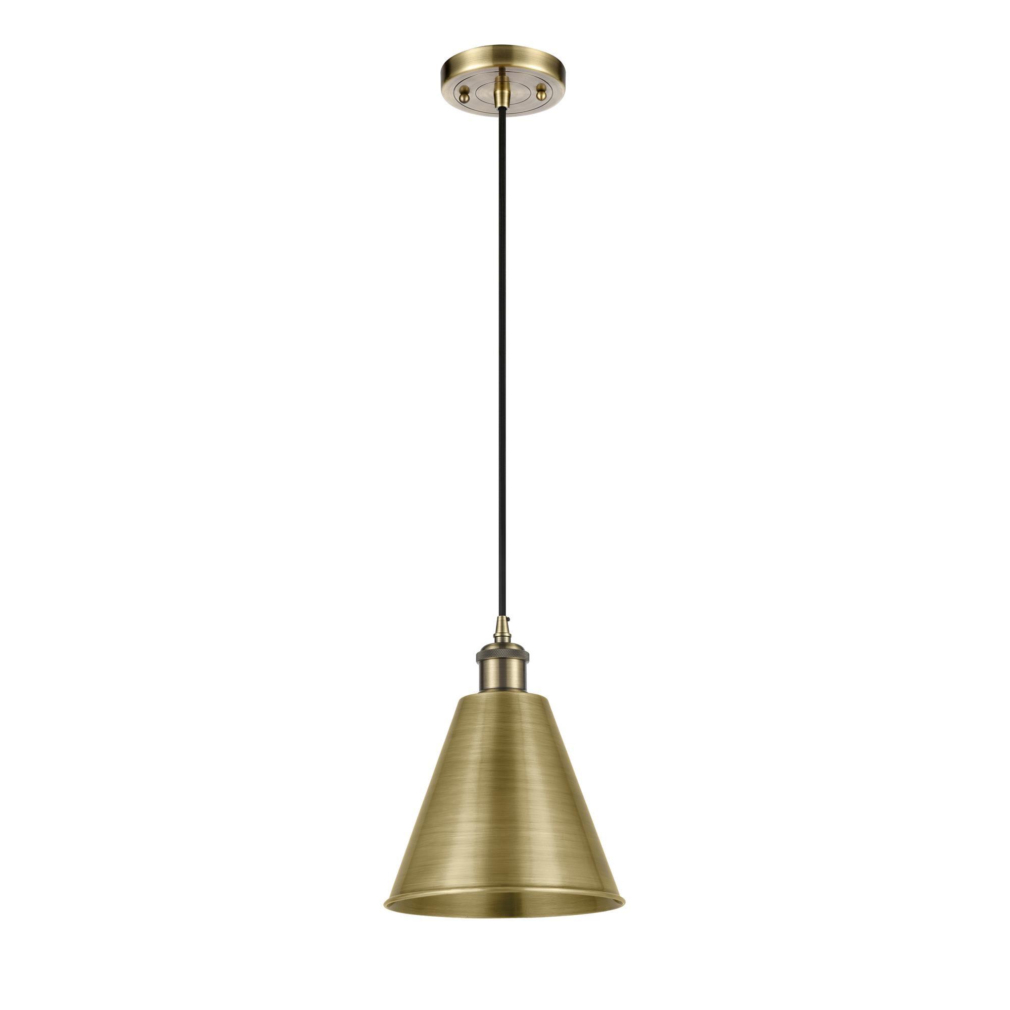 Shown in Antique Brass finish and Antique Brass Ballston Cone shade