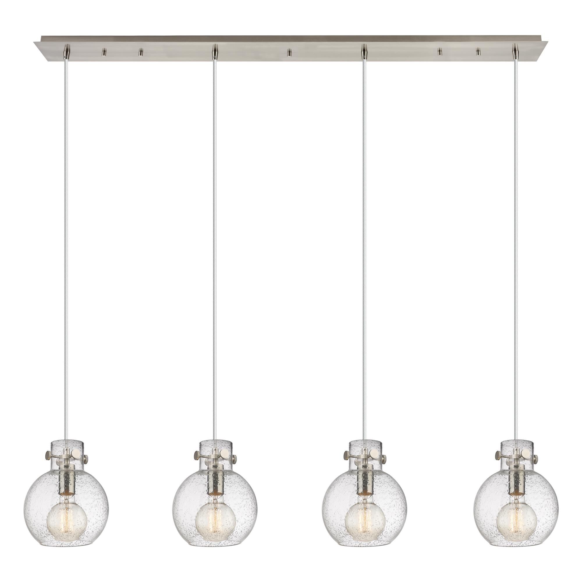 Shown in Brushed Satin Nickel finish and Seedy glass and Seedy Glass shade