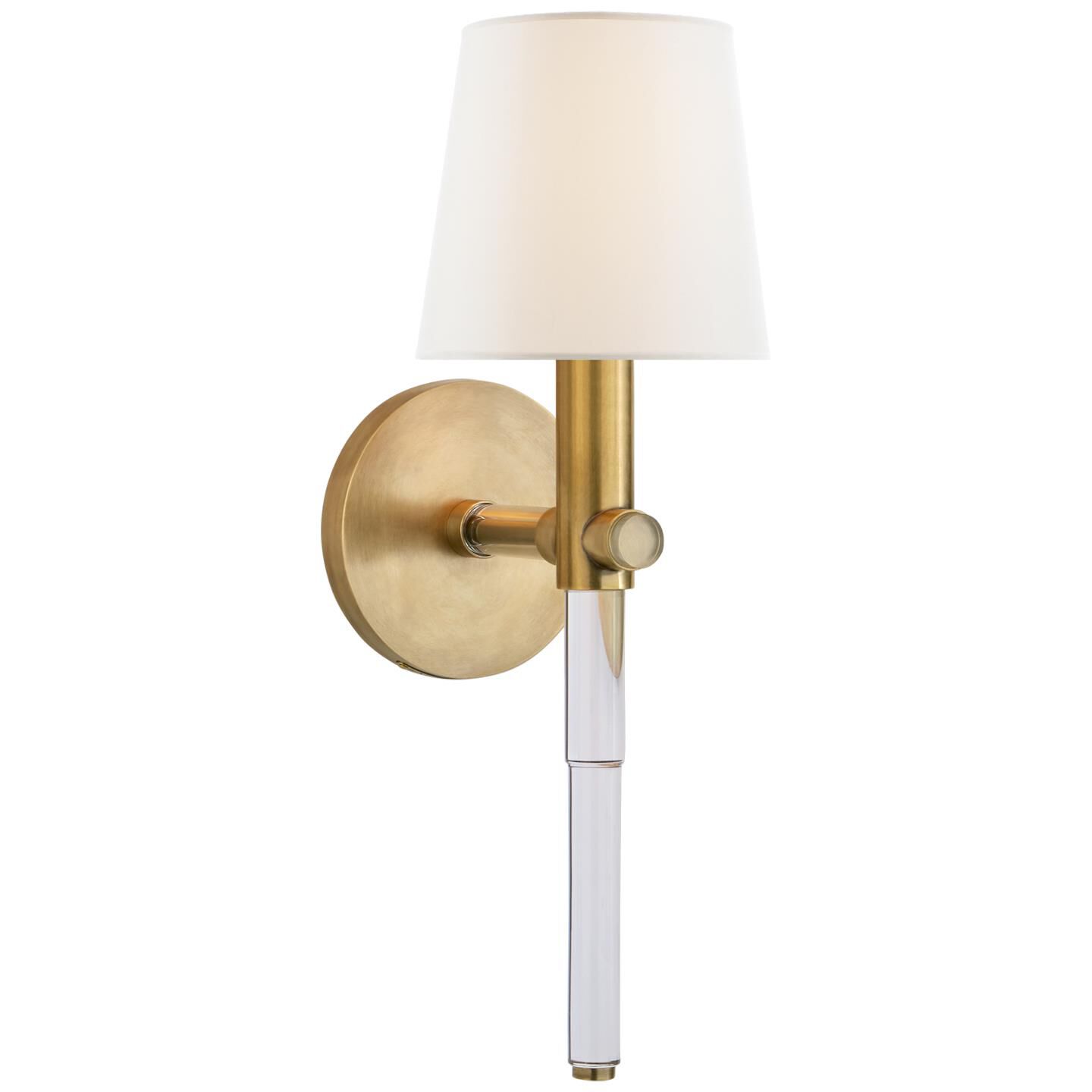 Shown in Crystal With Brass finish and Linen shade