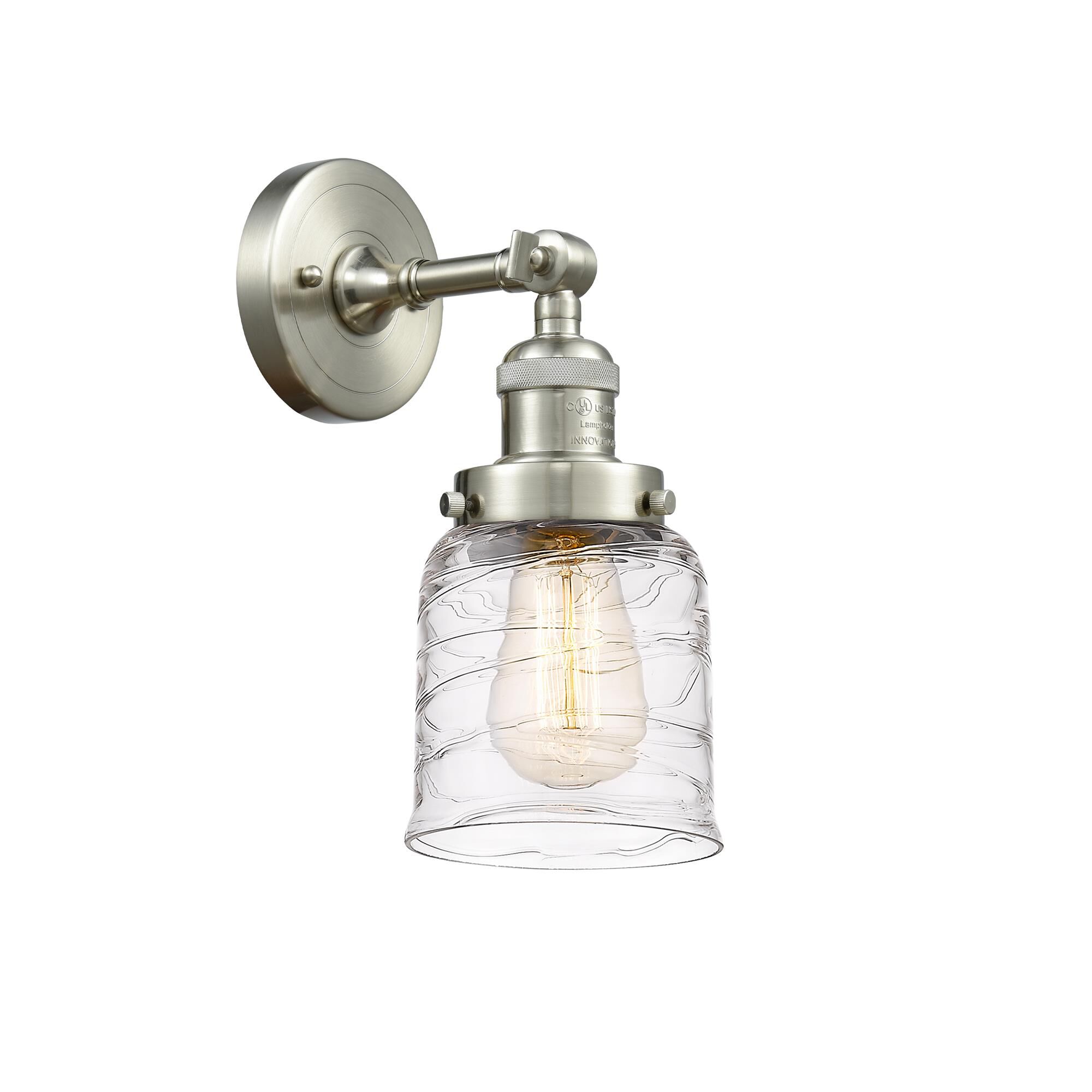Shown in Brushed Satin Nickel finish and Deco Swirl glass