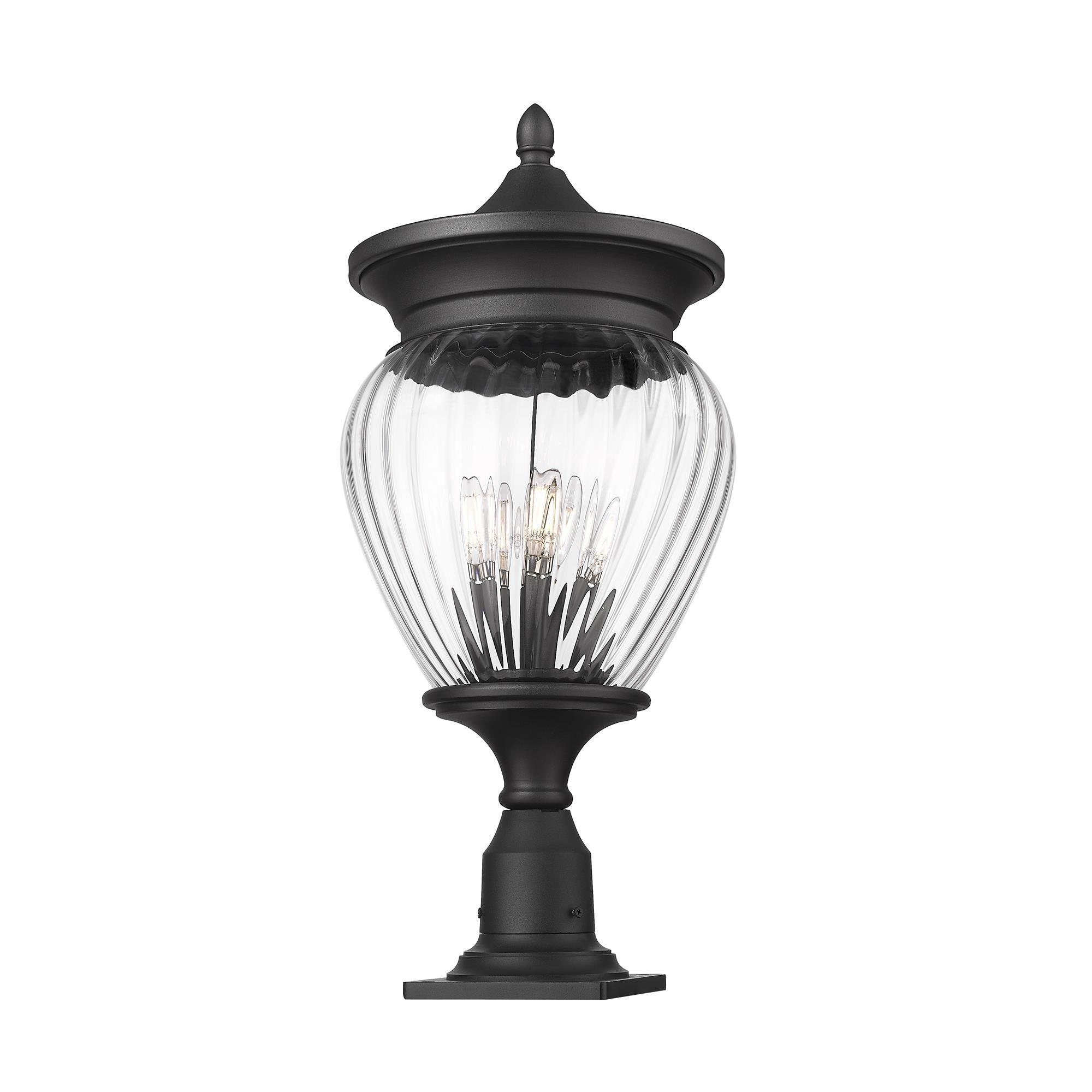 Shown in Black finish and Clear Ribbed glass and Clear Ribbed shade