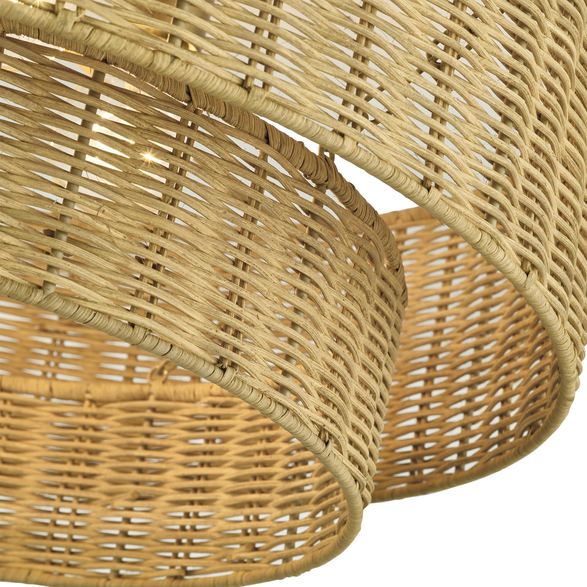 Shown in Antique Gold Leaf finish and Hand-Woven Rustic Walnut Color Rattan shade