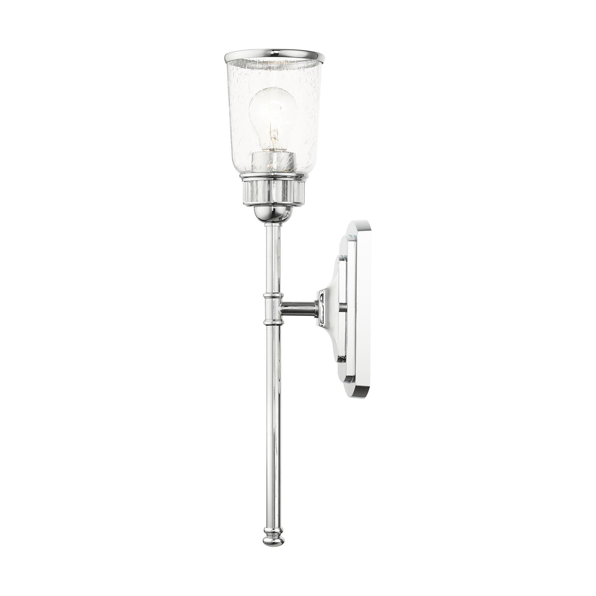 Shown in Polished Chrome finish and Hand Blown Clear Seeded glass and Hand Blown Clear Seeded Glass shade