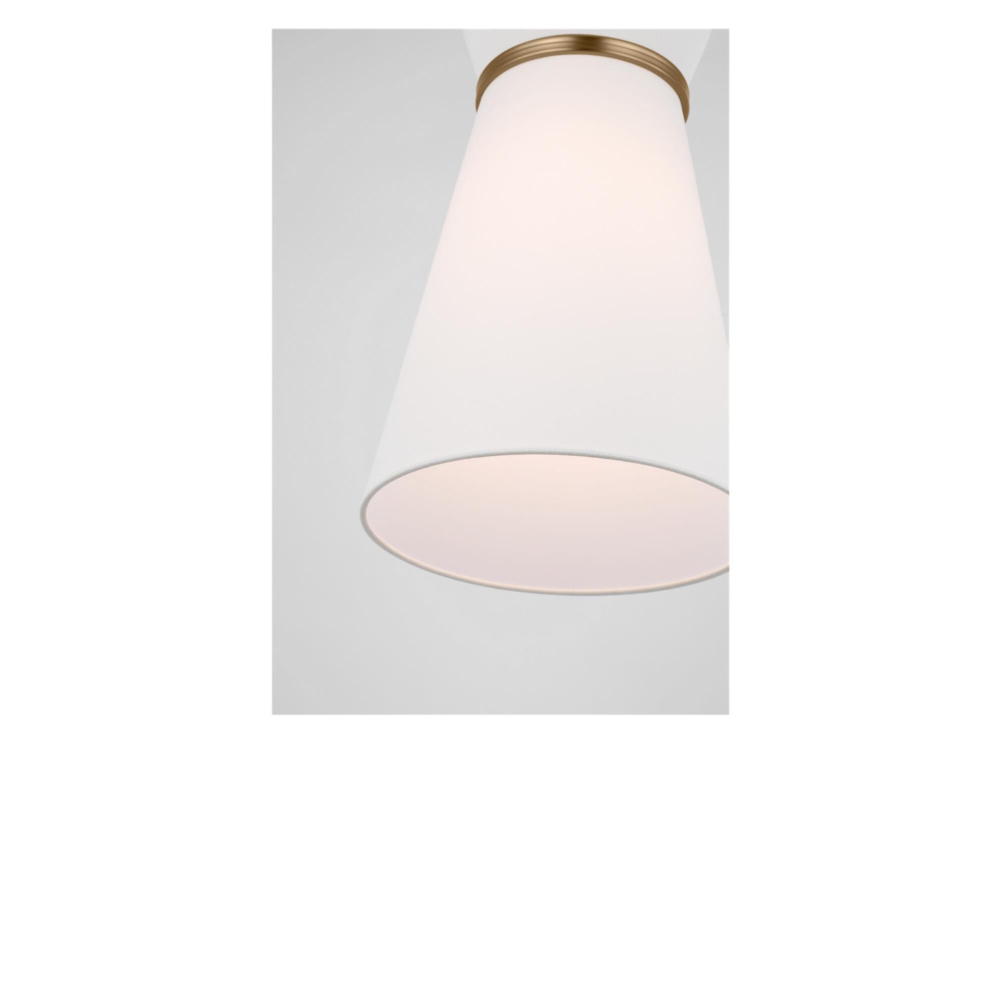 Shown in Satin Brass finish and White Linen shade