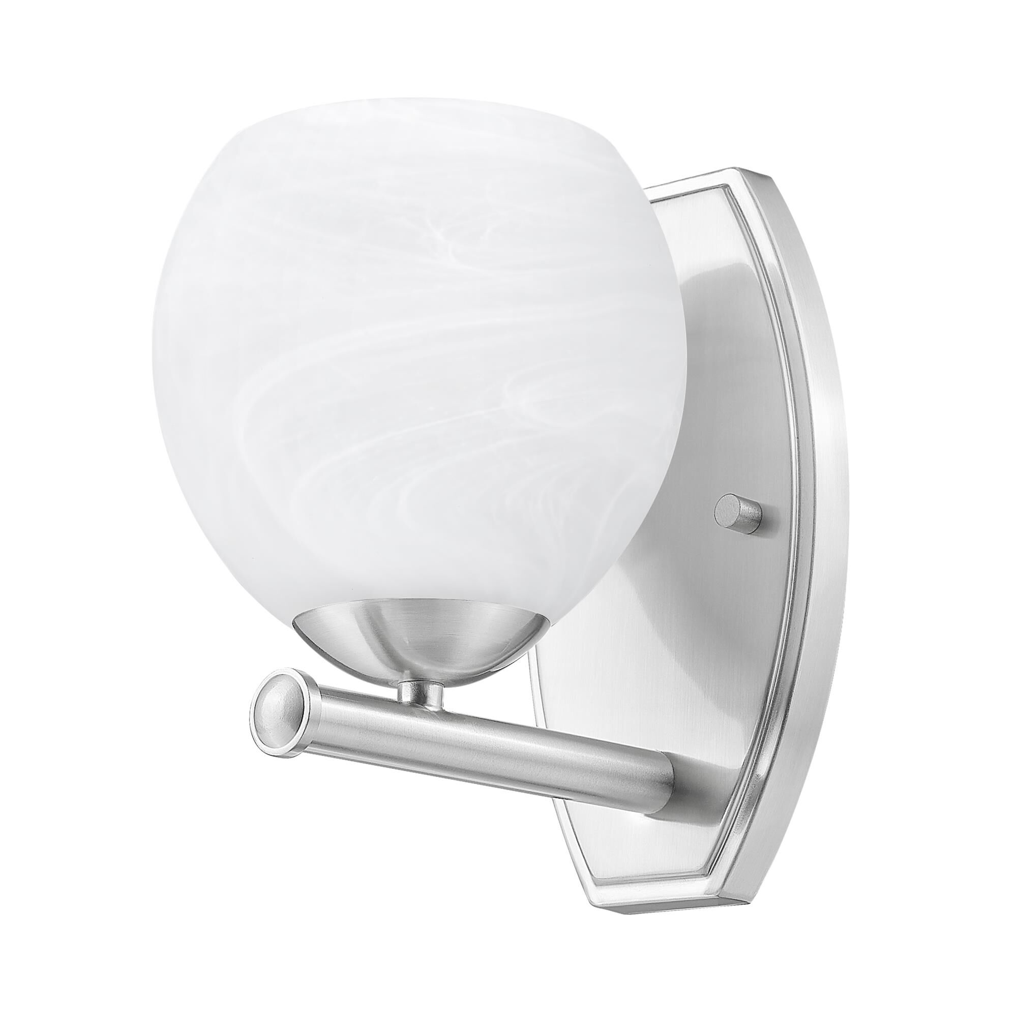 Shown in Brushed Nickel finish and Feathered White glass