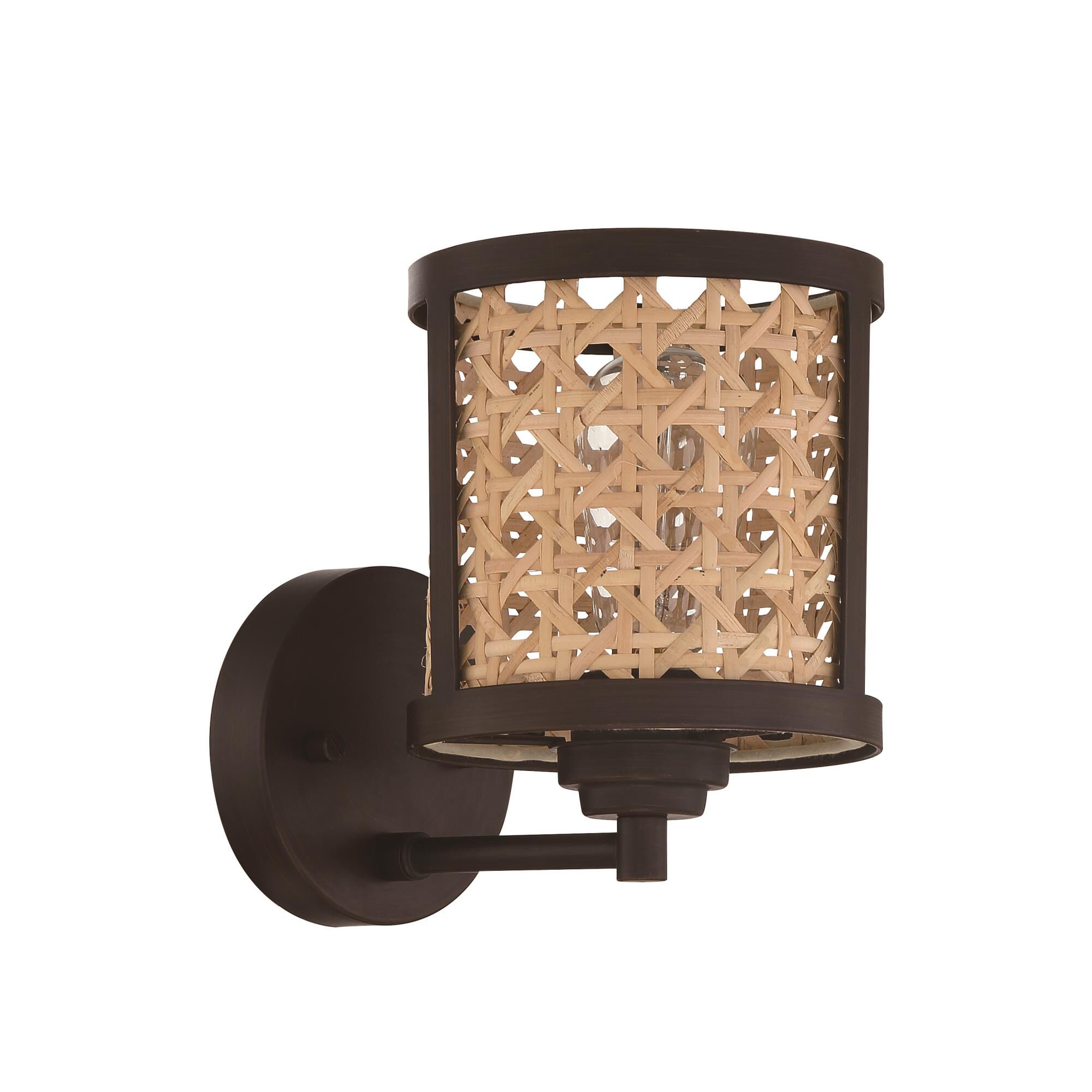 Shown in Aged Bronze Brushed finish and Natural glass and Rattan shade