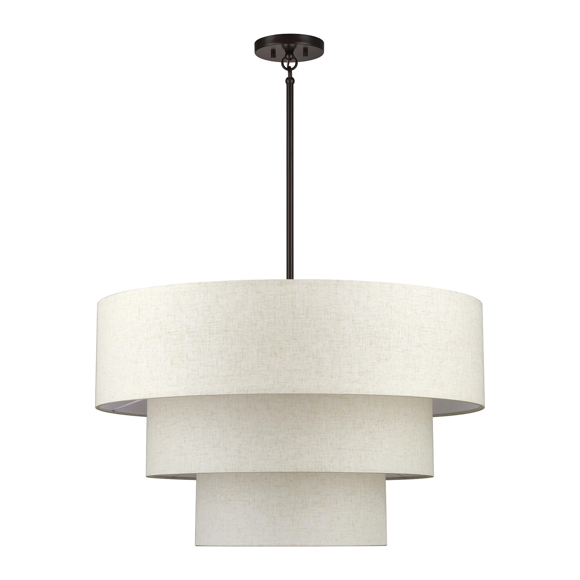 Shown in English Bronze finish and Hand Crafted Oatmeal Color Fabric with White Color Inside shade