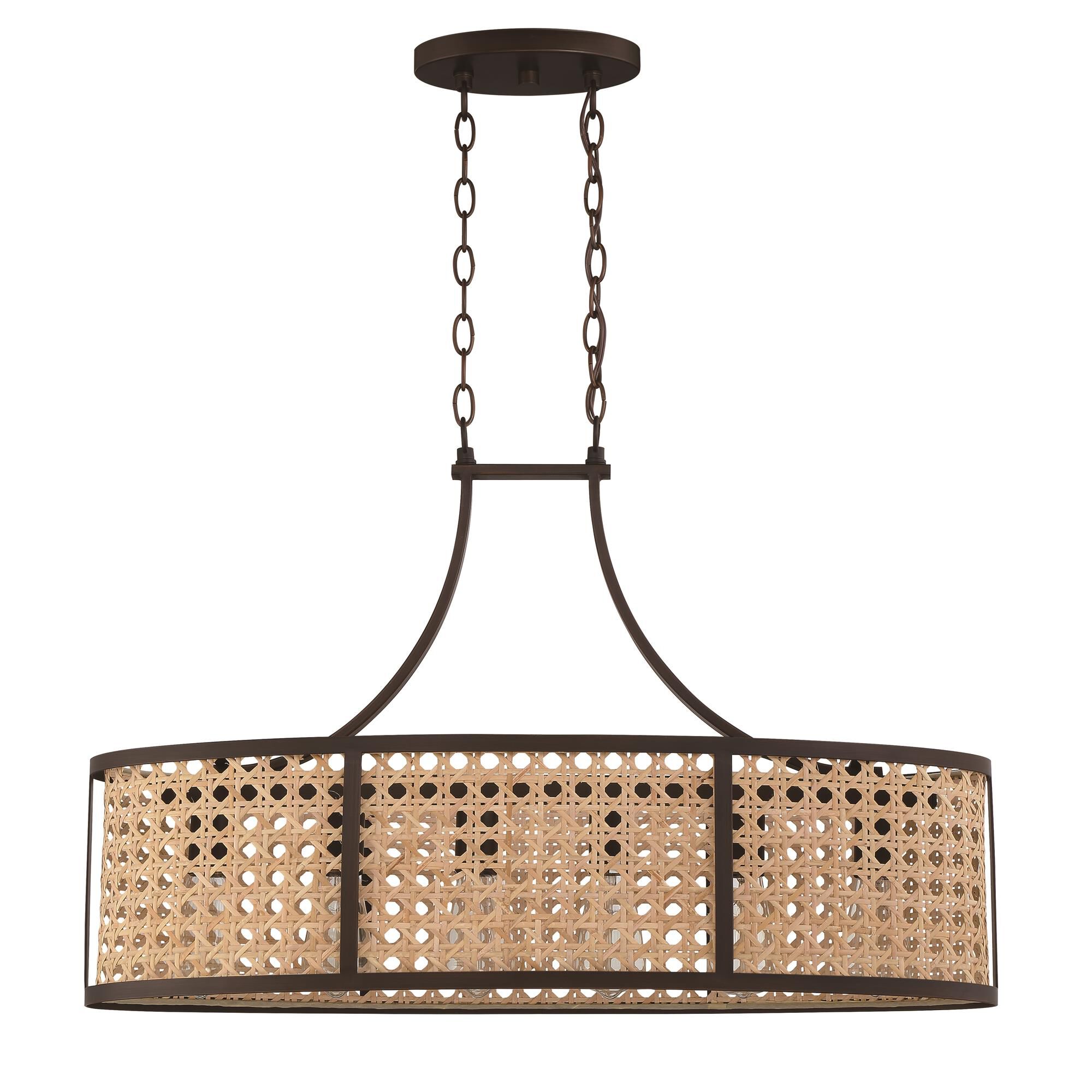 Shown in Aged Bronze Brushed finish and Natural glass and Rattan shade