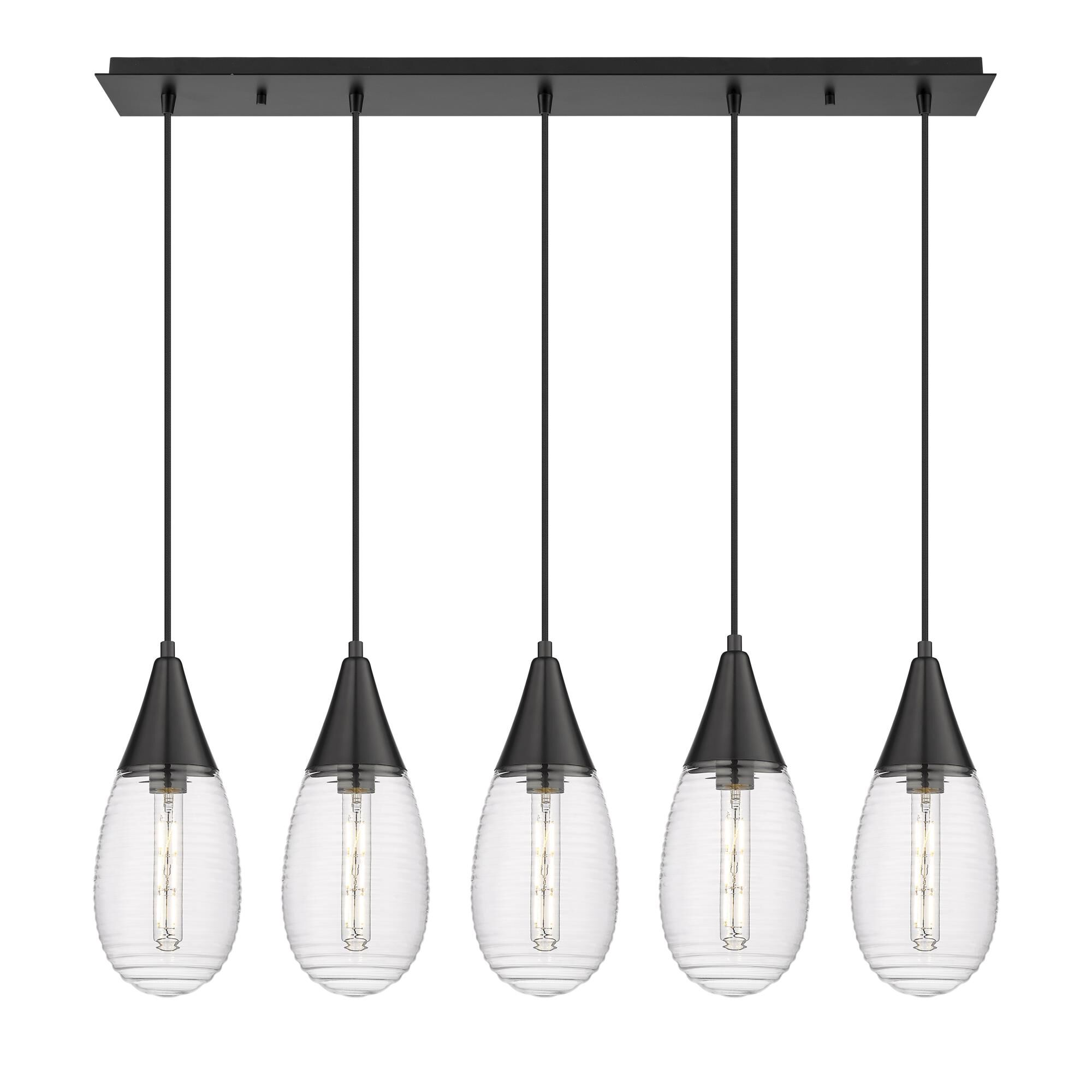 Shown in Matte Black finish and Striped Clear glass and Striped Clear Glass shade
