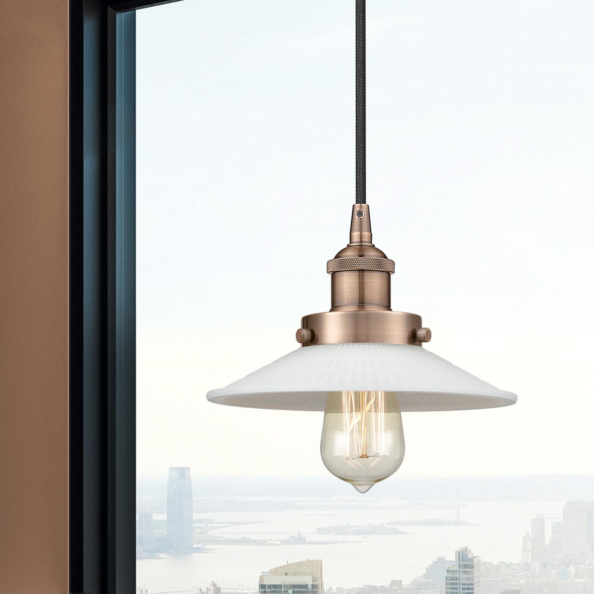Shown in Antique Copper finish and White glass