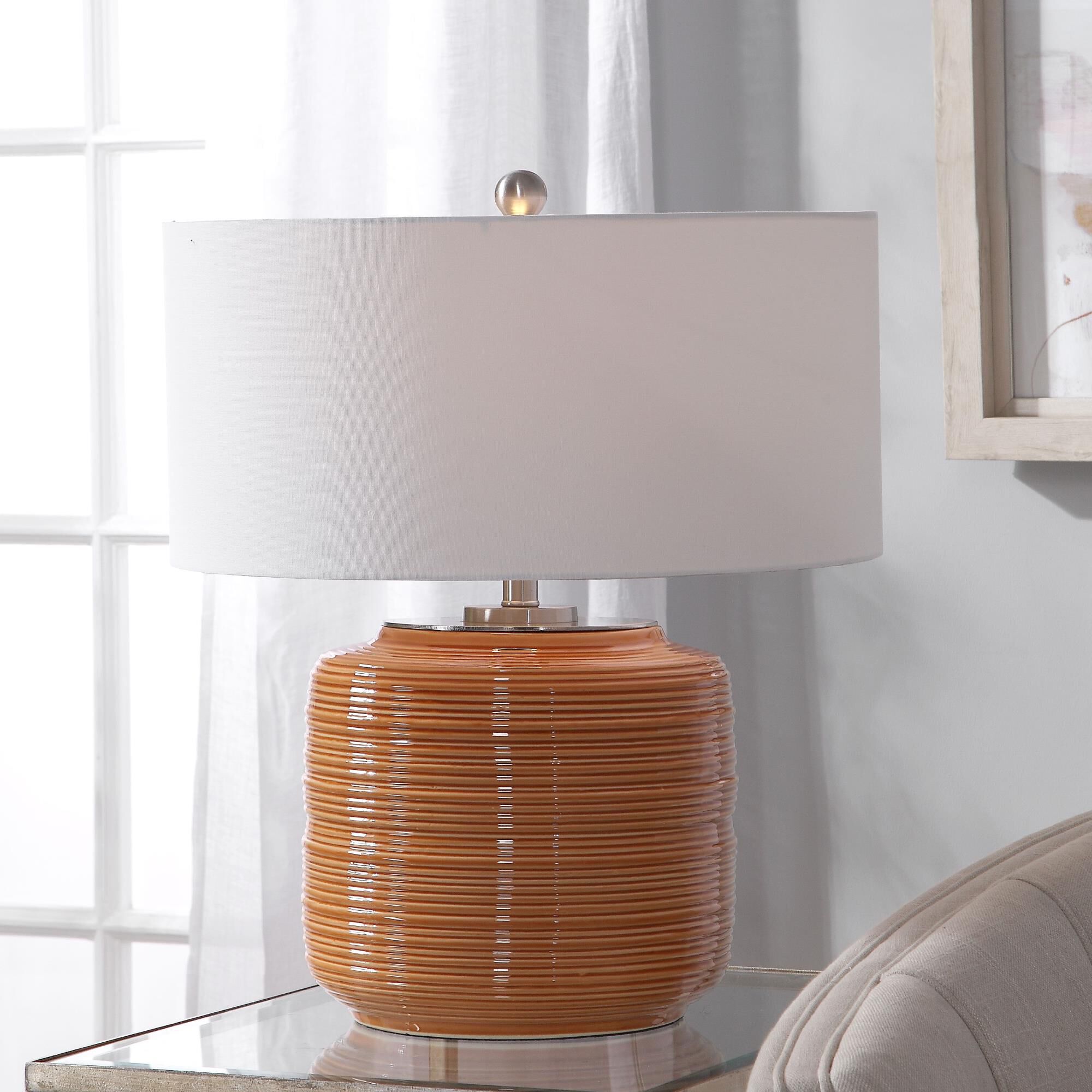 Shown in Add A Touch Of Retro Flair To A Design With This Ceramic Table Lamp. The Ribbed Base Is Finished In  finish and Round Drum Hardback shade