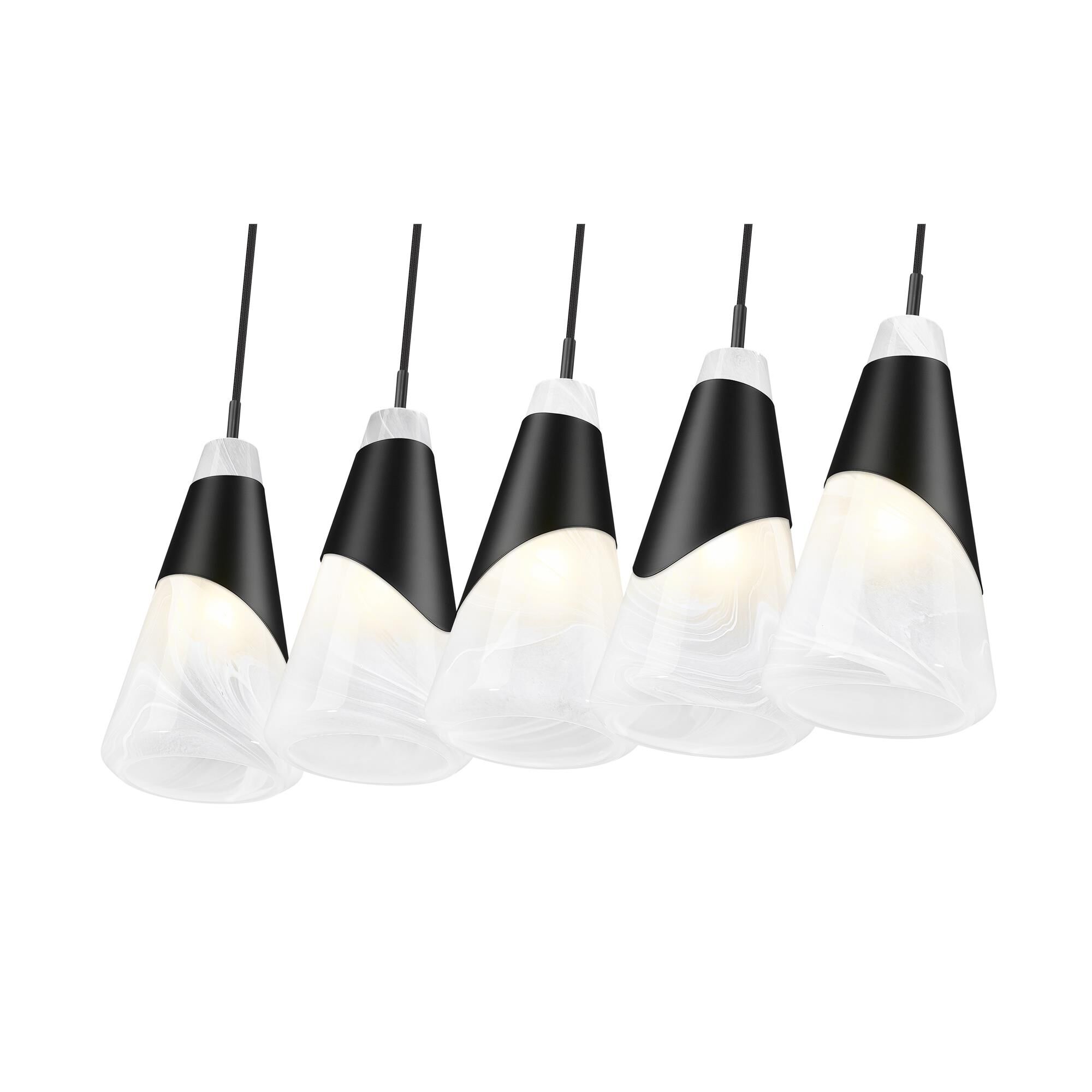 Shown in Matte Black finish and White Swirl glass and White Swirl shade