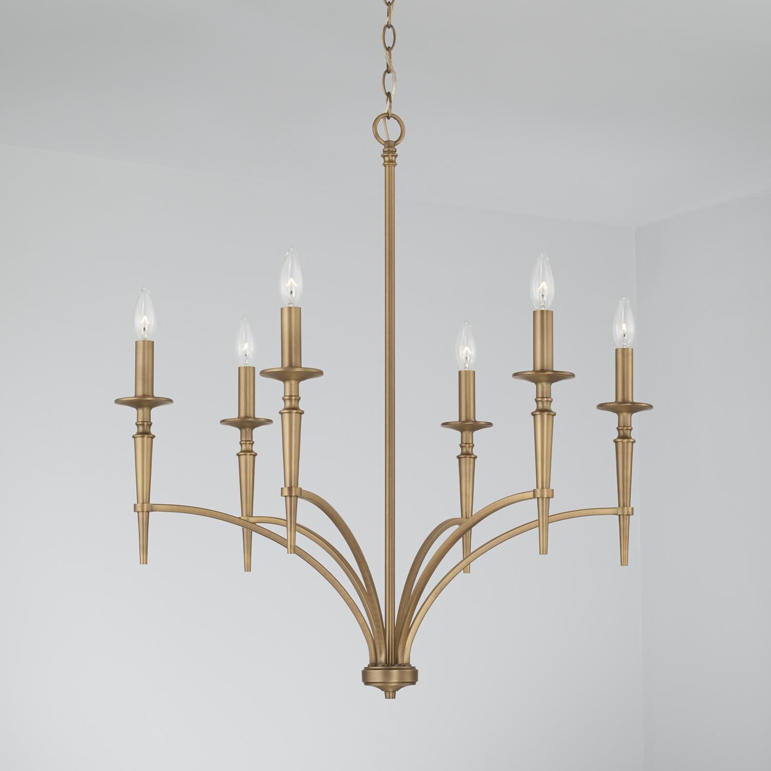 Shown in Aged Brass finish and 701 glass and White Fabric Stay-Straight s shade