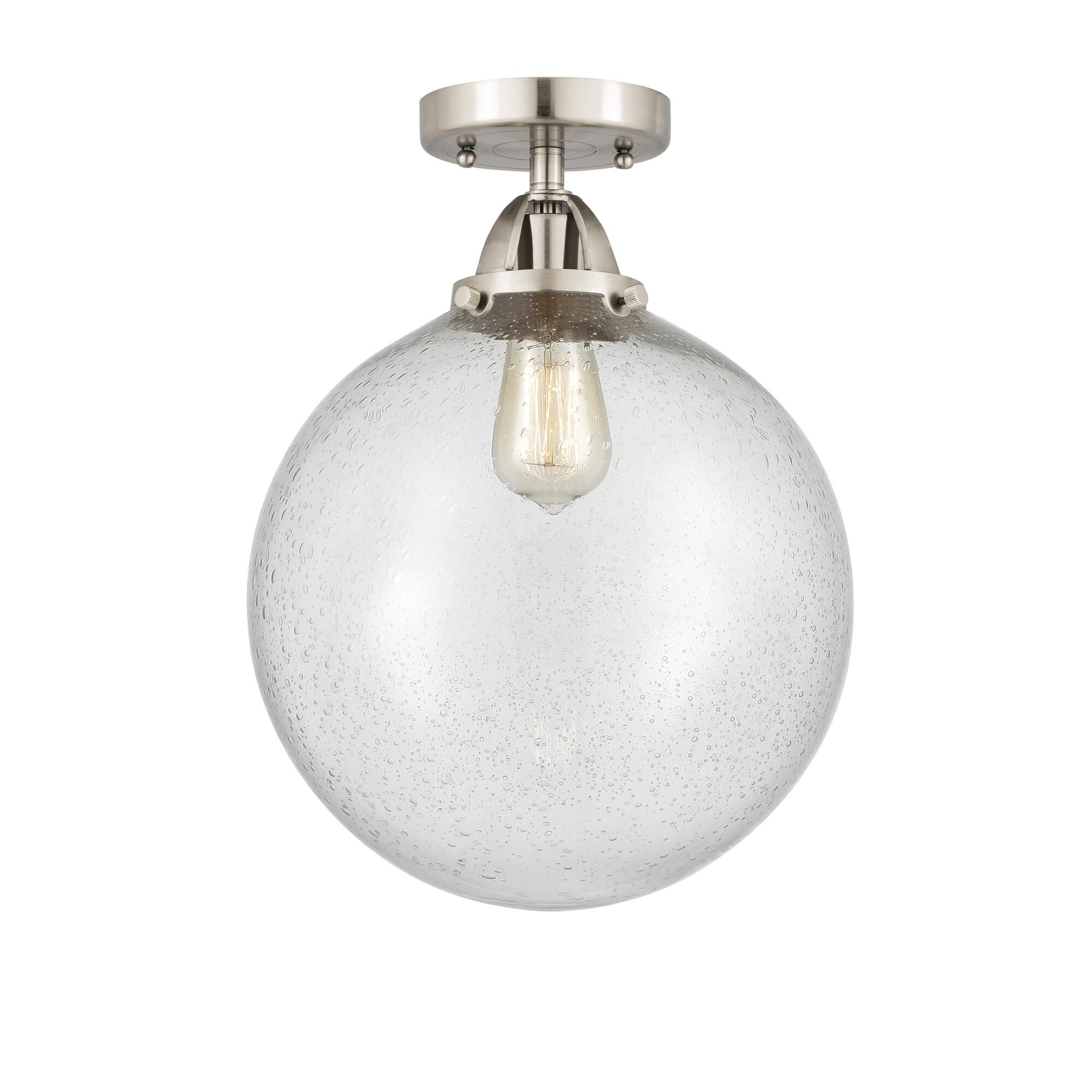 Shown in Brushed Satin Nickel finish and Seedy Globe glass and No Shade shade