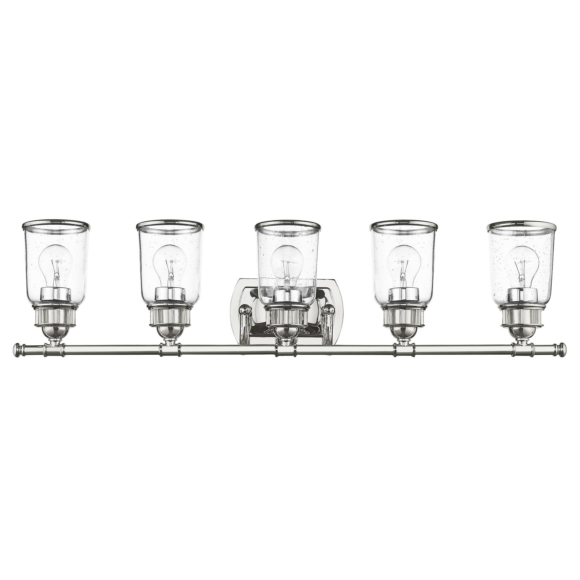 Shown in Polished Chrome finish and Hand Blown Clear Seeded glass