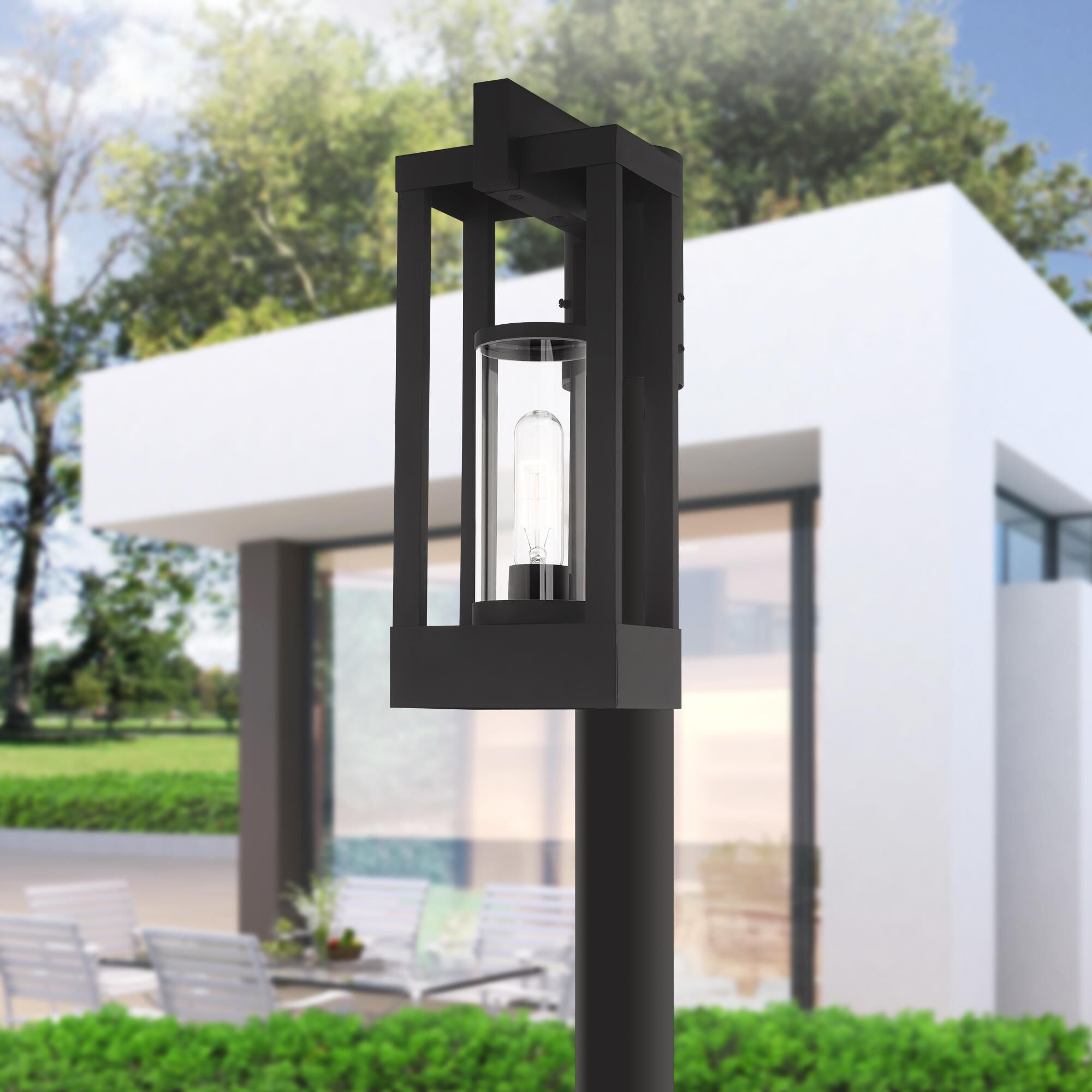 Shown in Black finish and Cylinder Clear glass