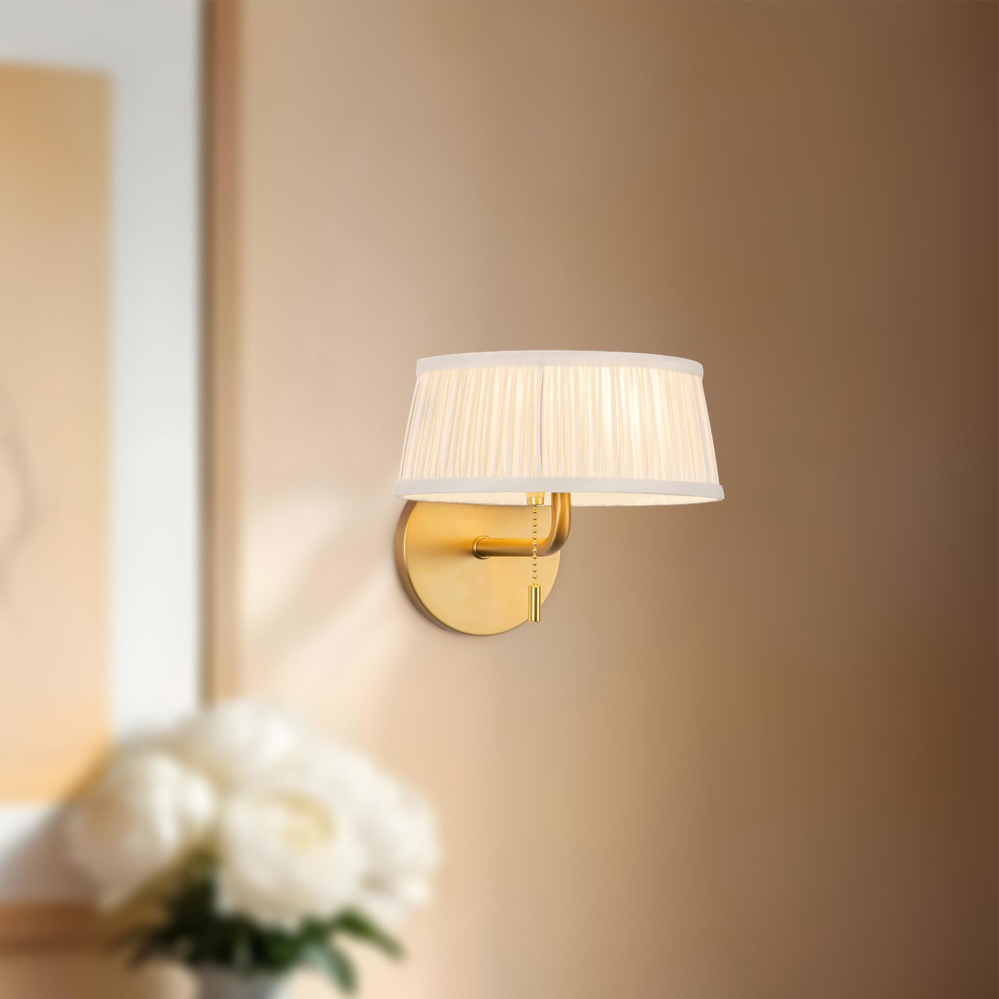 Shown in Brushed Gold finish and White Linen shade