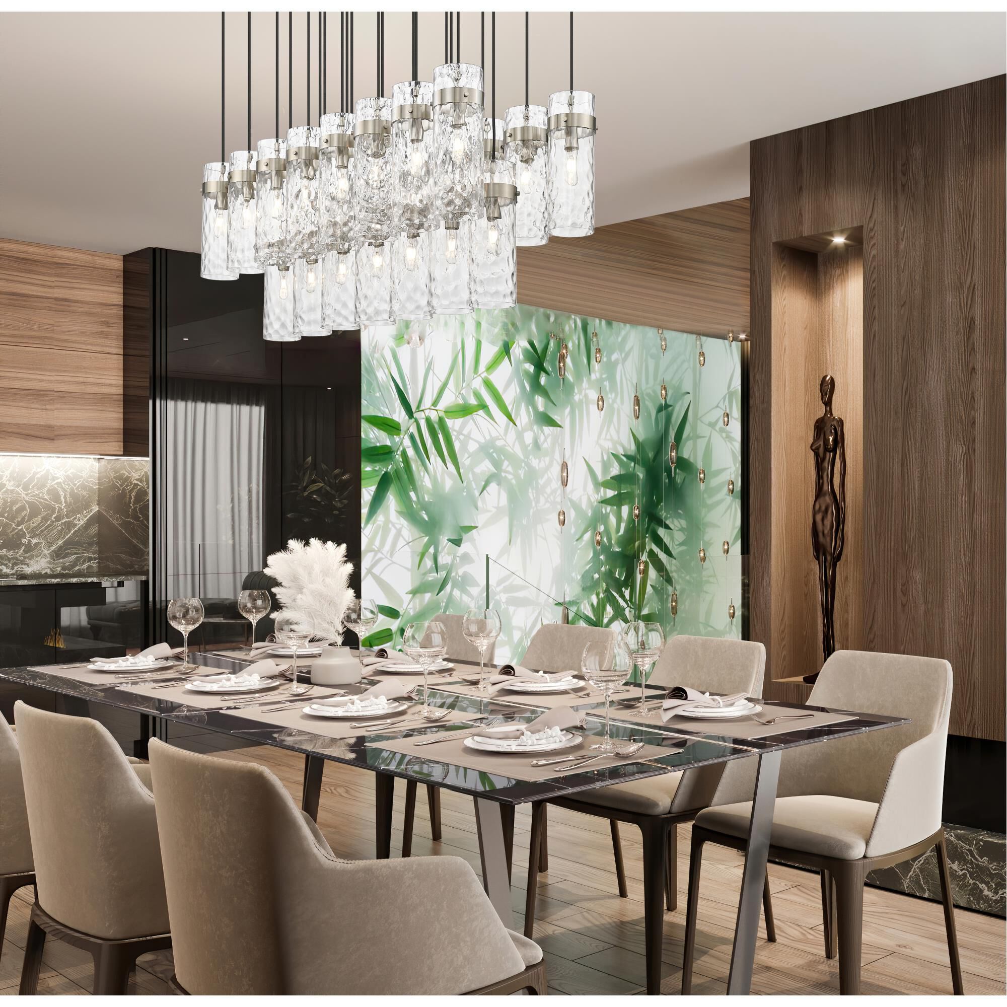 Shown in Brushed Nickel finish and Clear Water glass and Clear Water shade