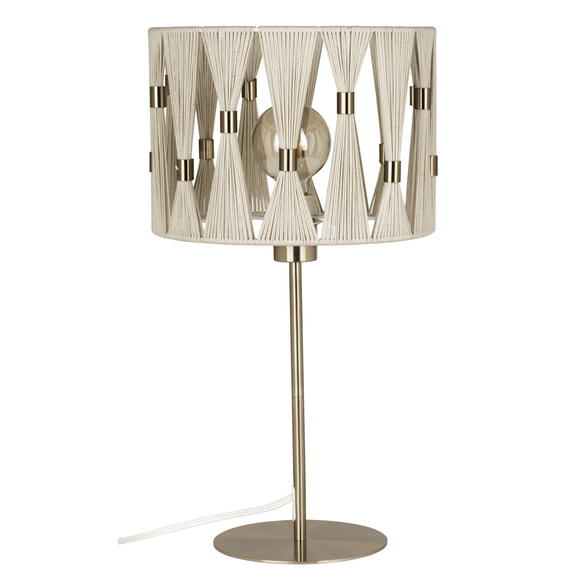 Shown in Brushed Brass and Beige finish and Beige, Brushed Brass Accents Textile Thread and Metal shade