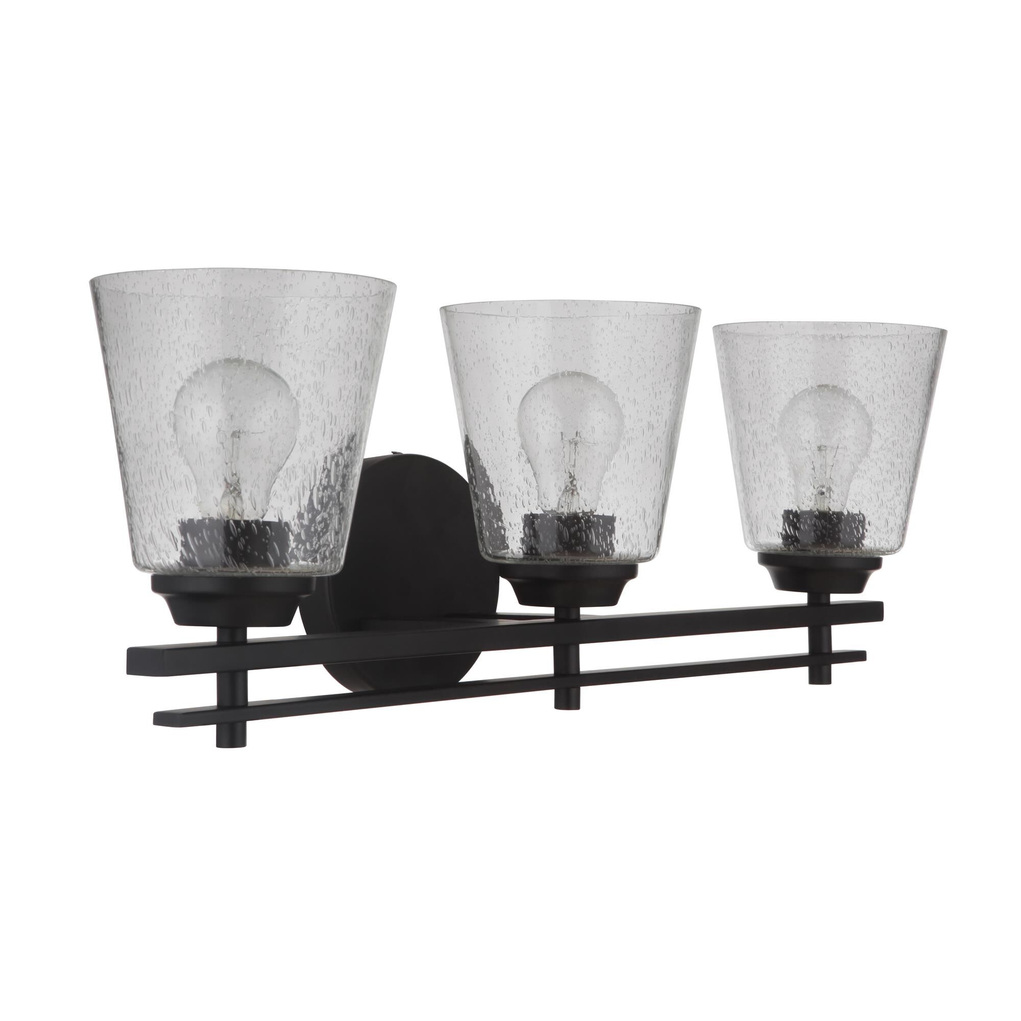 Shown in Flat Black finish and Clear Seeded glass and Glass shade