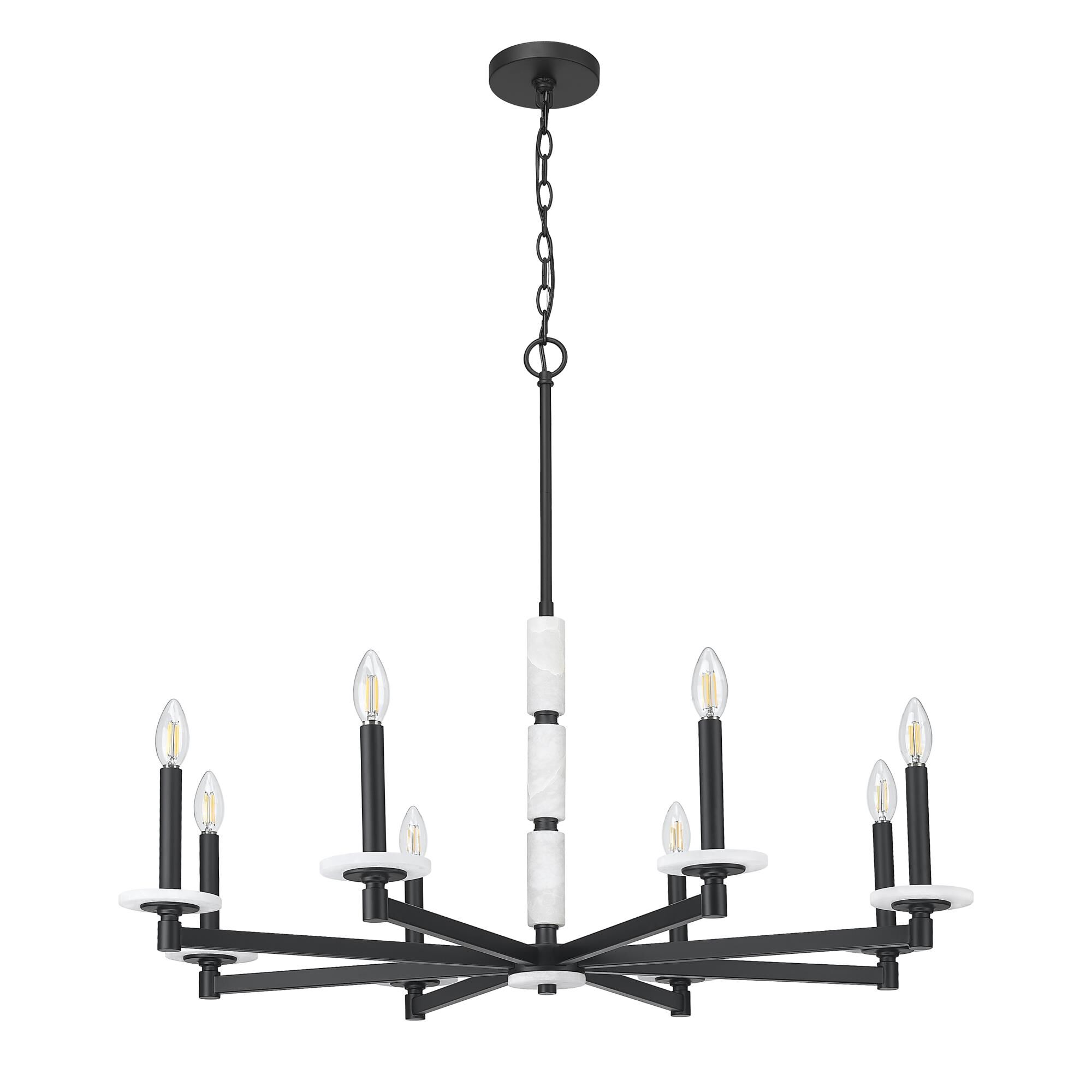 Shown in Matte Black finish and Alabaster glass and Alabaster shade