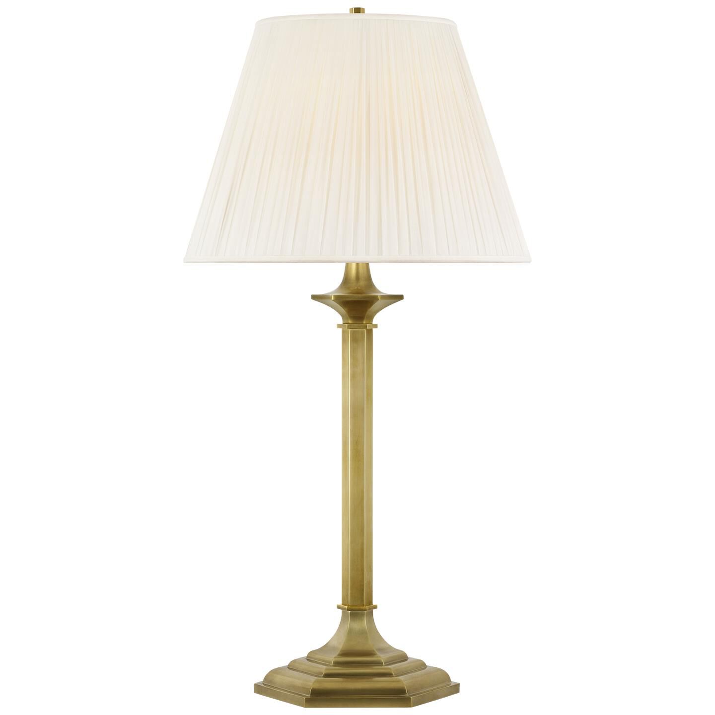 Shown in Natural Brass finish and Silk Pleated shade