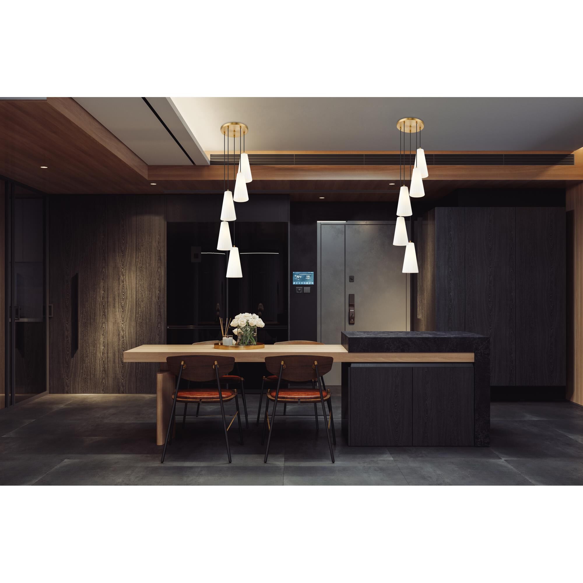 Shown in Modern Gold finish and White glass and White shade