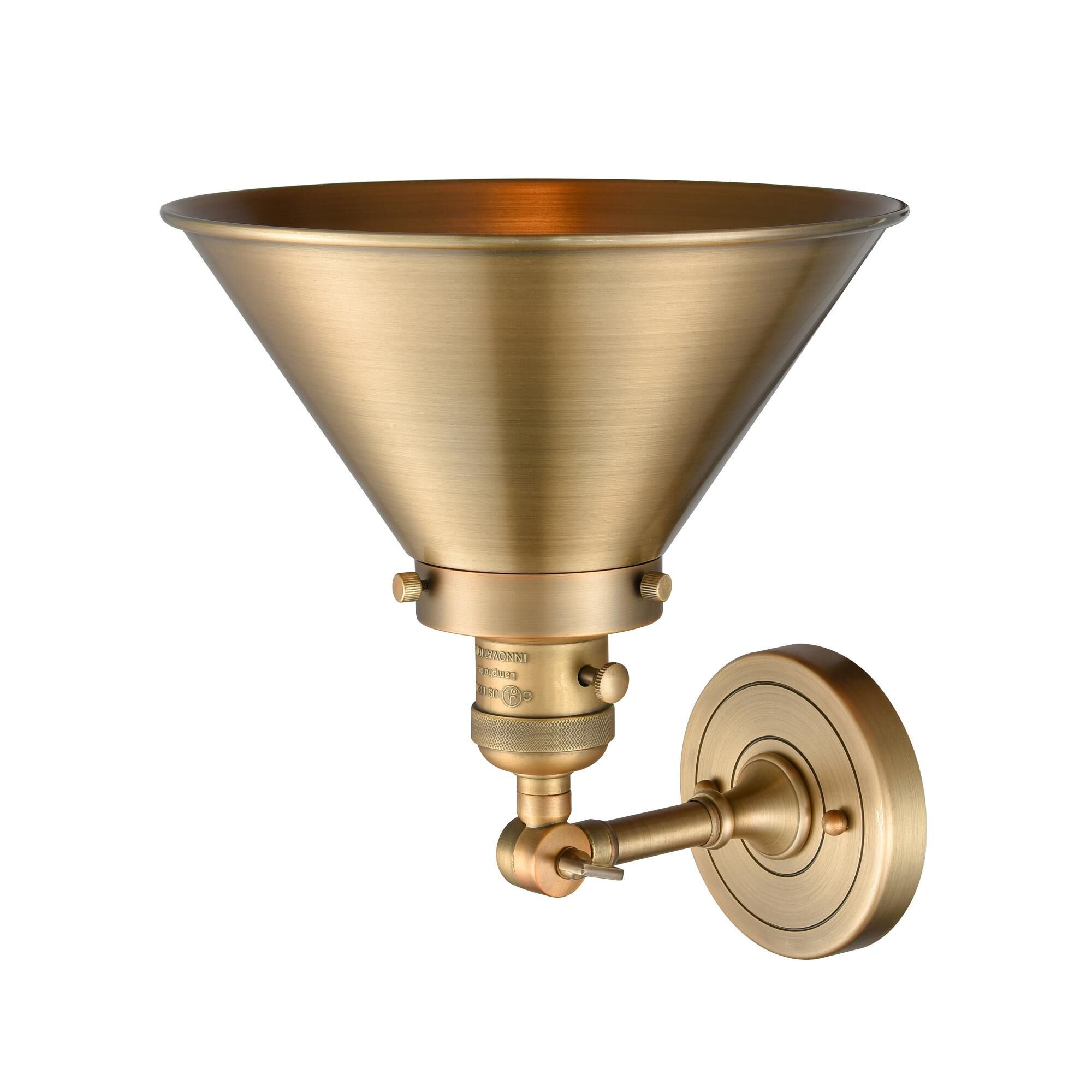 Shown in Brushed Brass finish and Brushed Brass glass and Brushed Brass shade and Switch on Socket accent