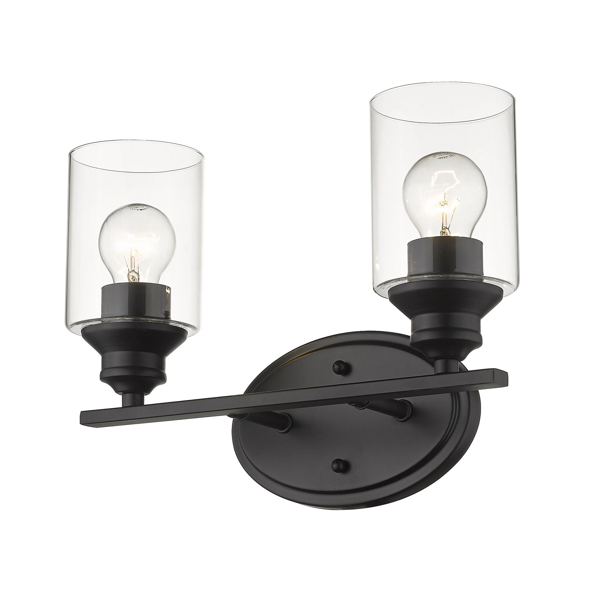 Shown in Matte Black finish and Clear glass and Clear, Cylindrical Glass s shade