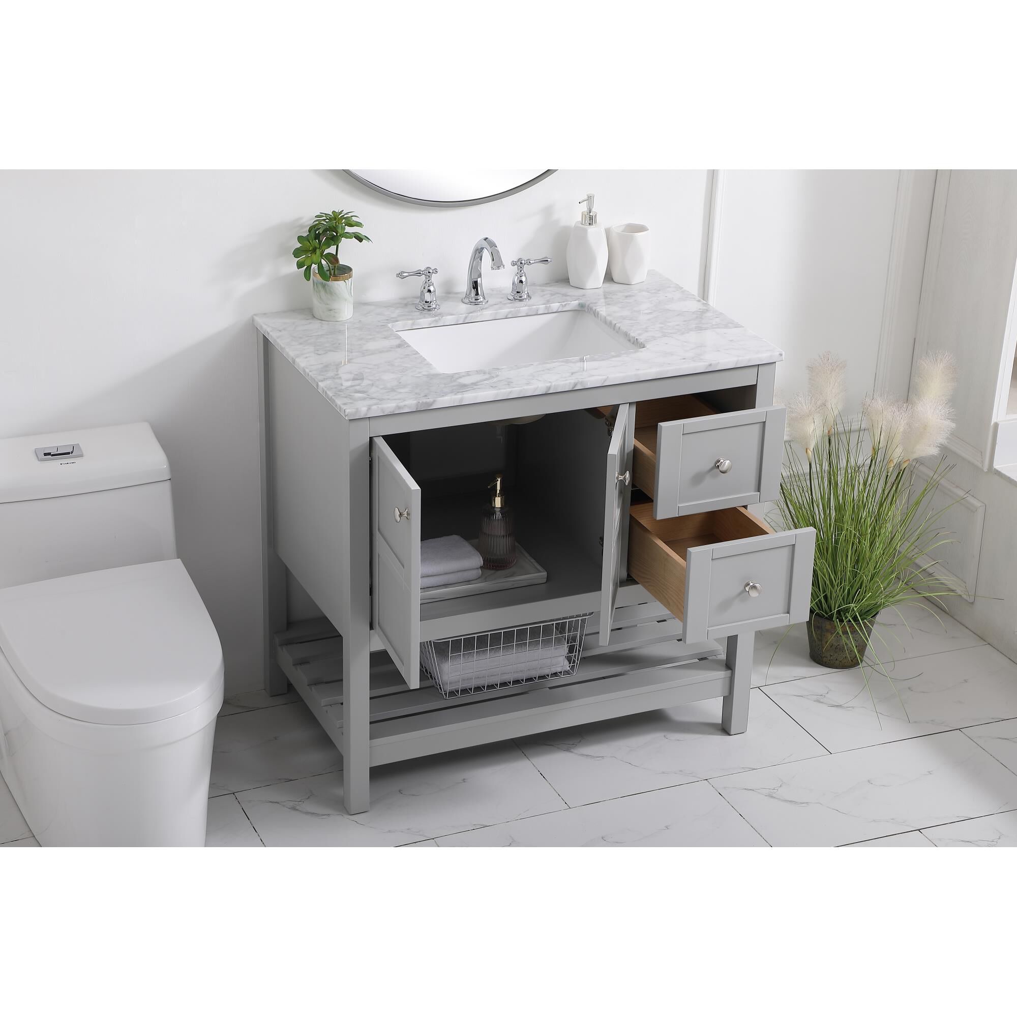 Shown in Gray And Brushed Nickel With Carrara White Marble finish