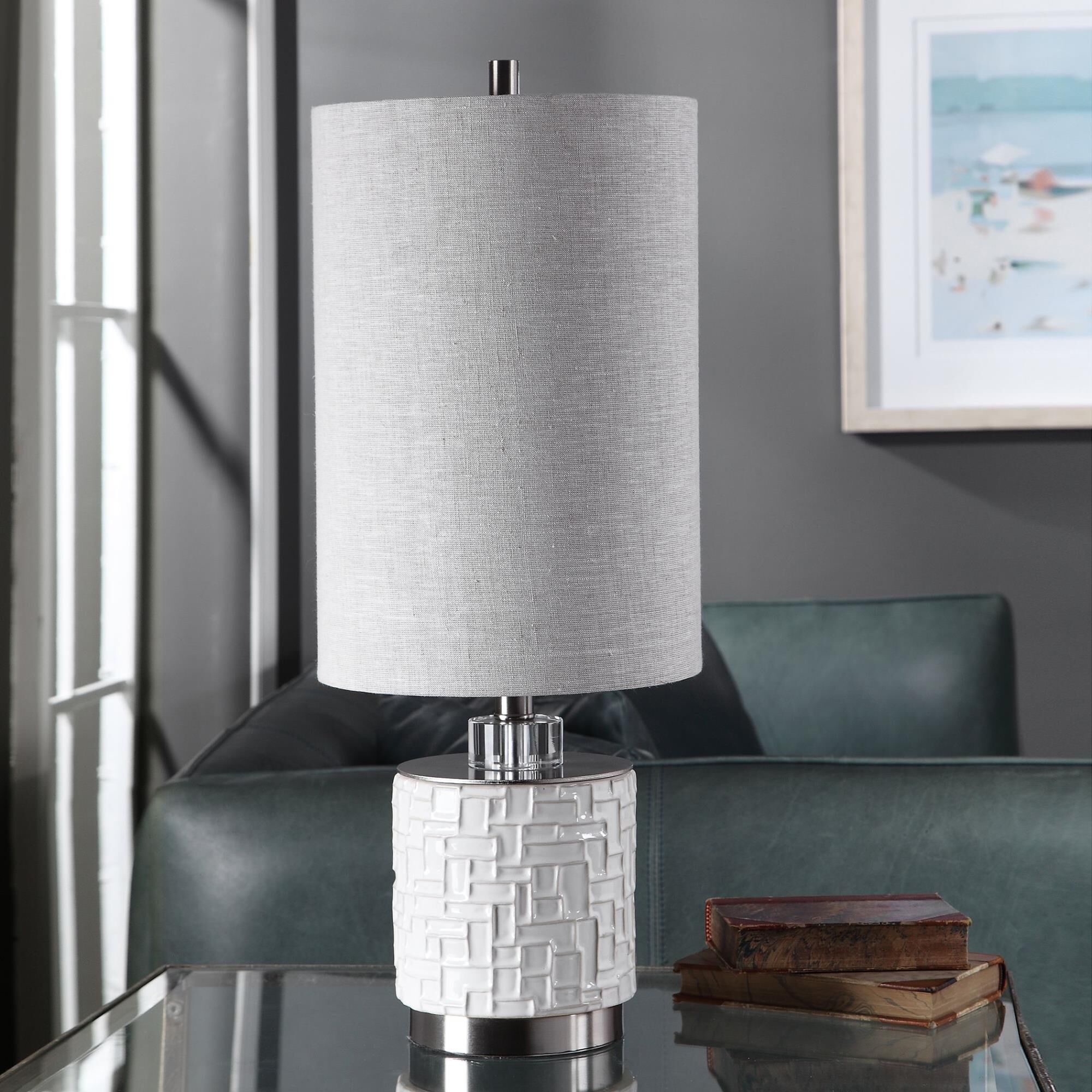 Shown in This Buffet Lamp Has A Ceramic Base Finished In A Glossy White Glaze Featuring Embossed Geometric De finish and Round Drum Hardback shade