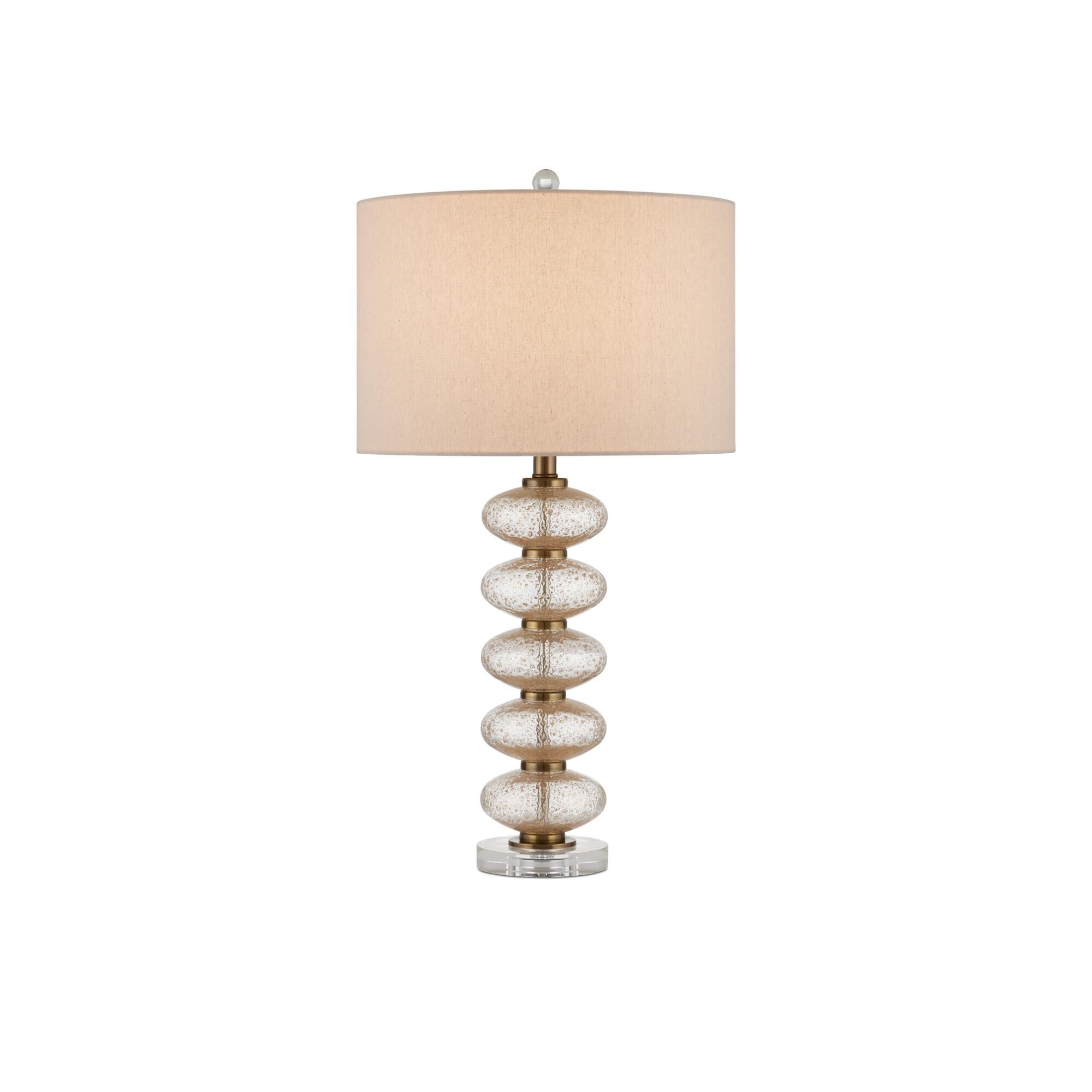 Shown in Clear/Gold/Antique Brass finish and Beige Linen shade