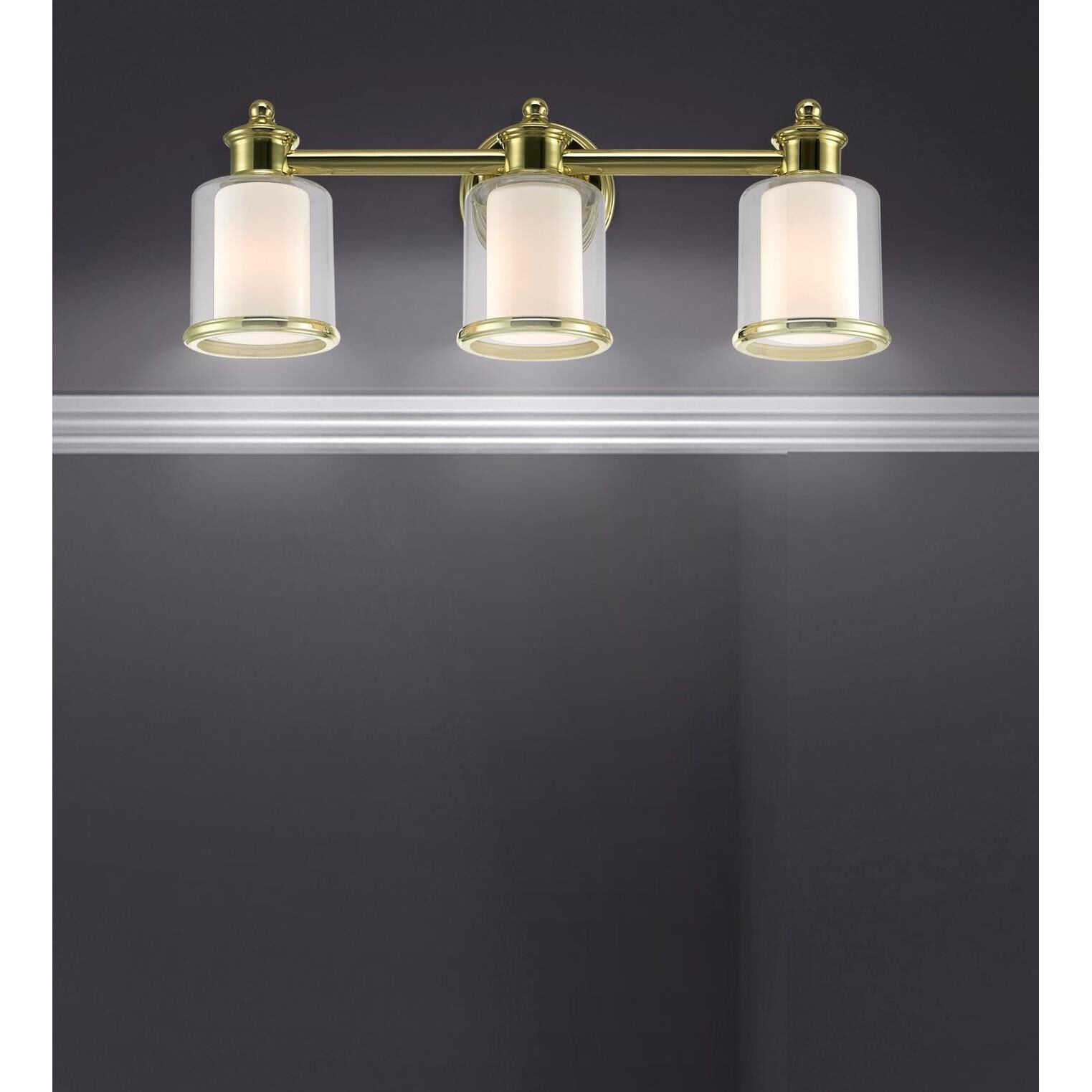 Shown in Polished Brass finish and Hand Blown Clear Outside and Satin Opal White Inside glass