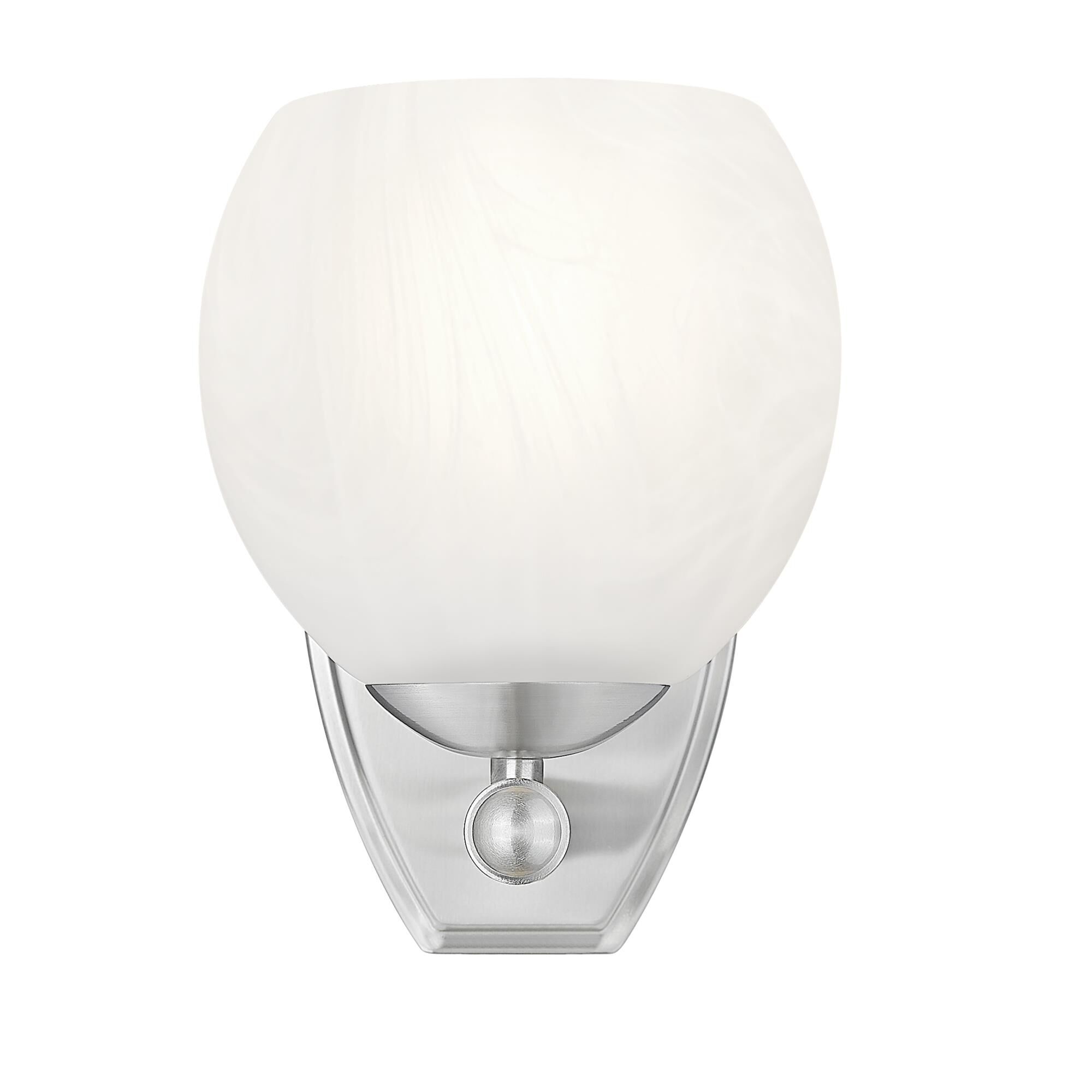 Shown in Brushed Nickel finish and Feathered White glass