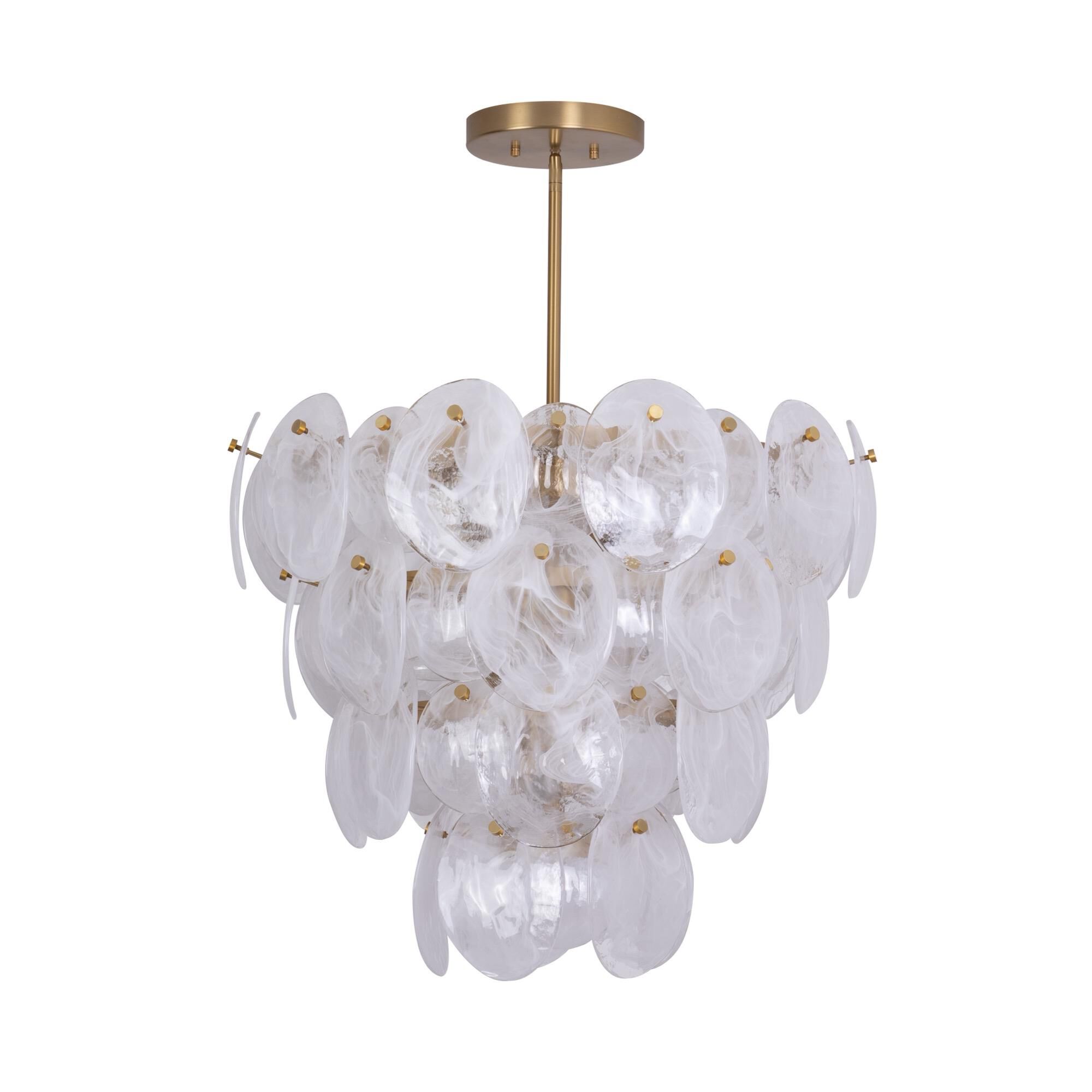 Shown in Brushed Brass finish and Wispy White Murano Style glass