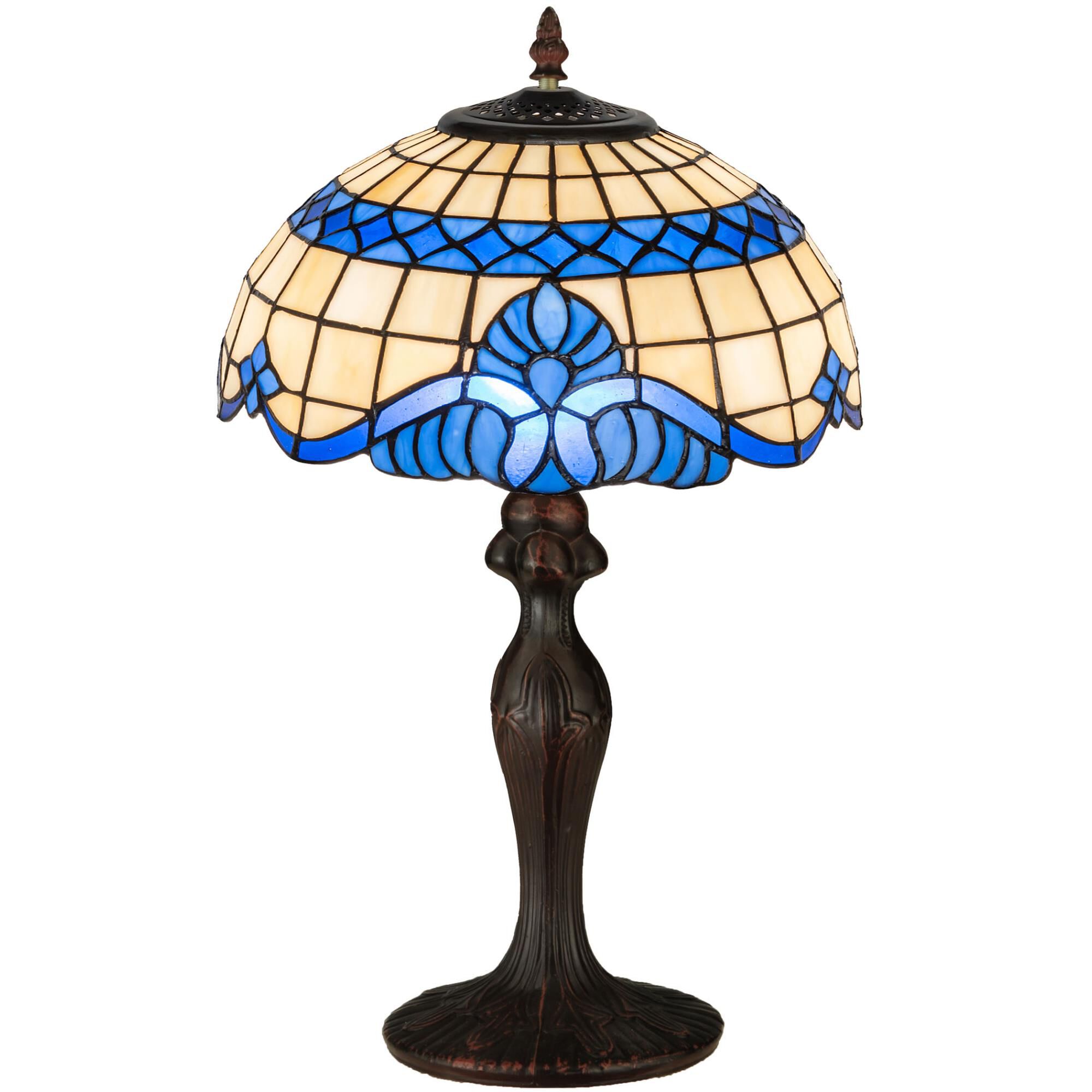 Shown in Mahogany Bronze finish and Beige-Light Blue glass