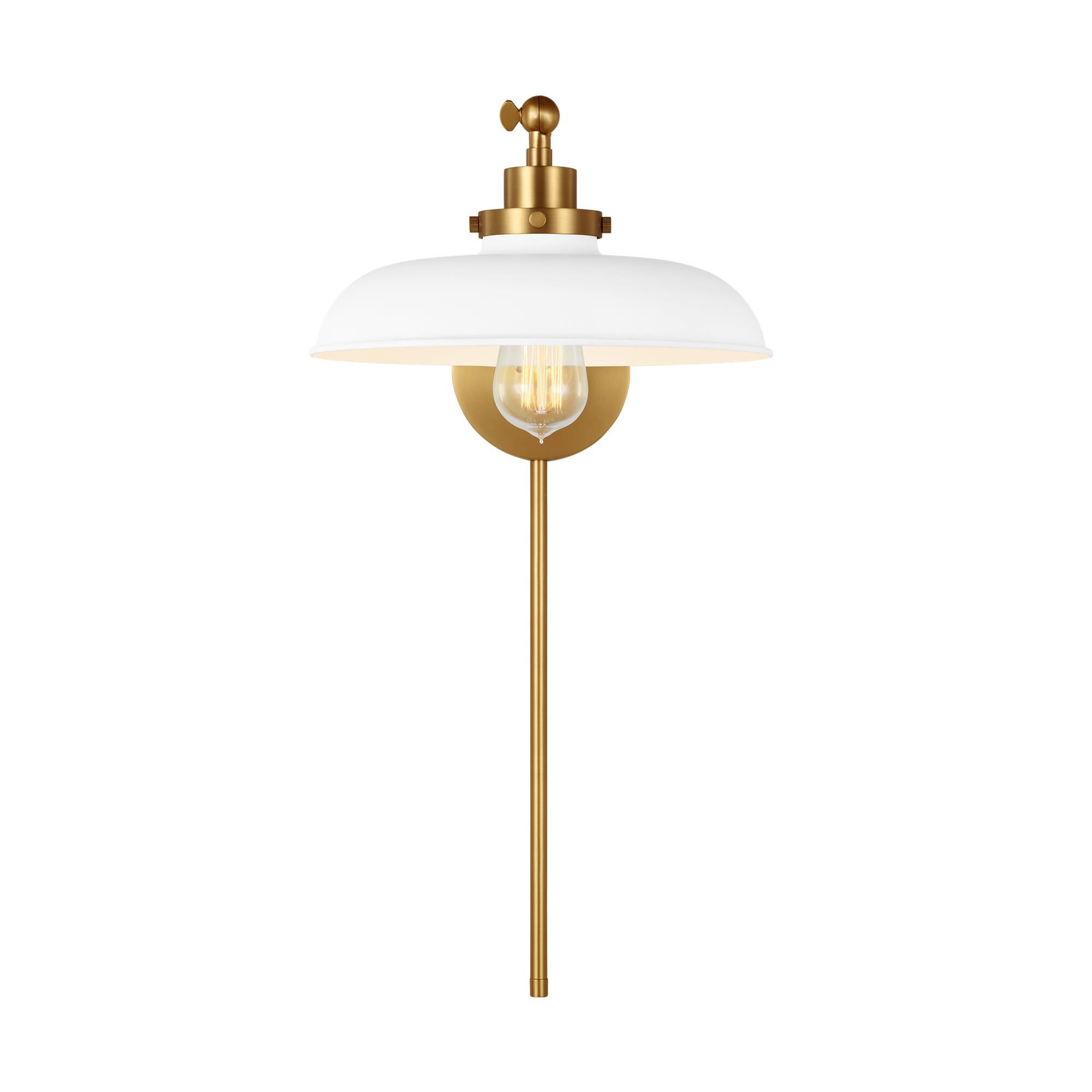 Shown in Matte White And Burnished Brass finish and Matte White Steel shade