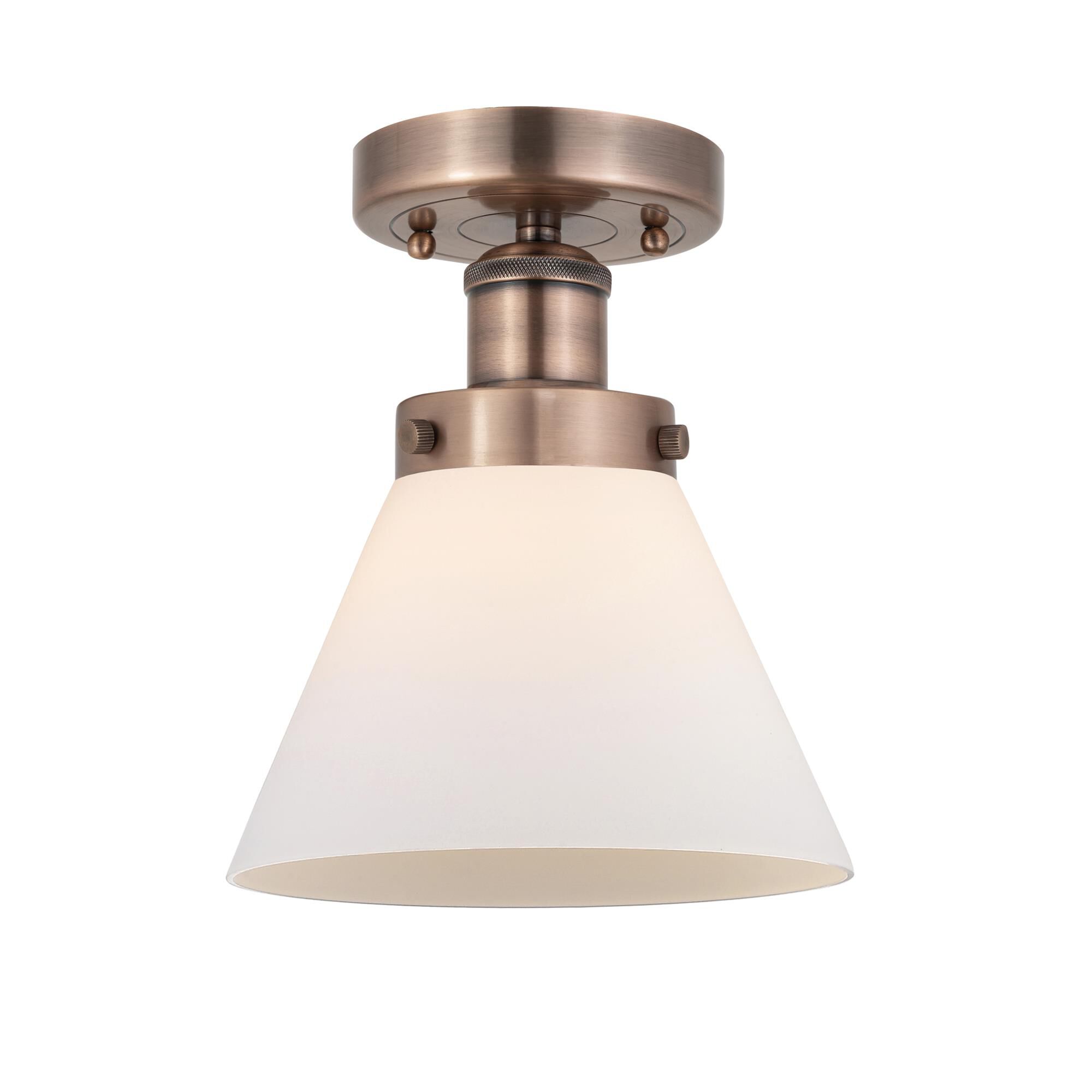 Shown in Antique Copper finish and Matte White glass