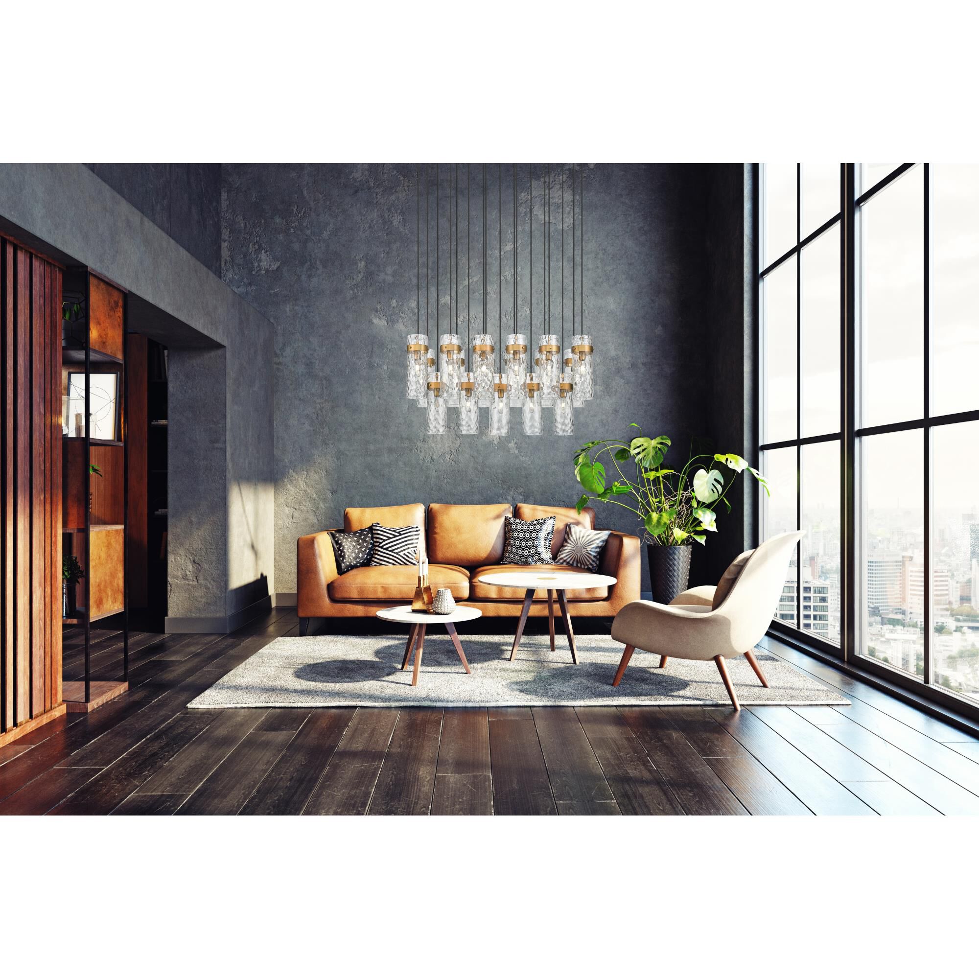 Shown in Rubbed Brass finish and Clear Water glass and Clear Water shade