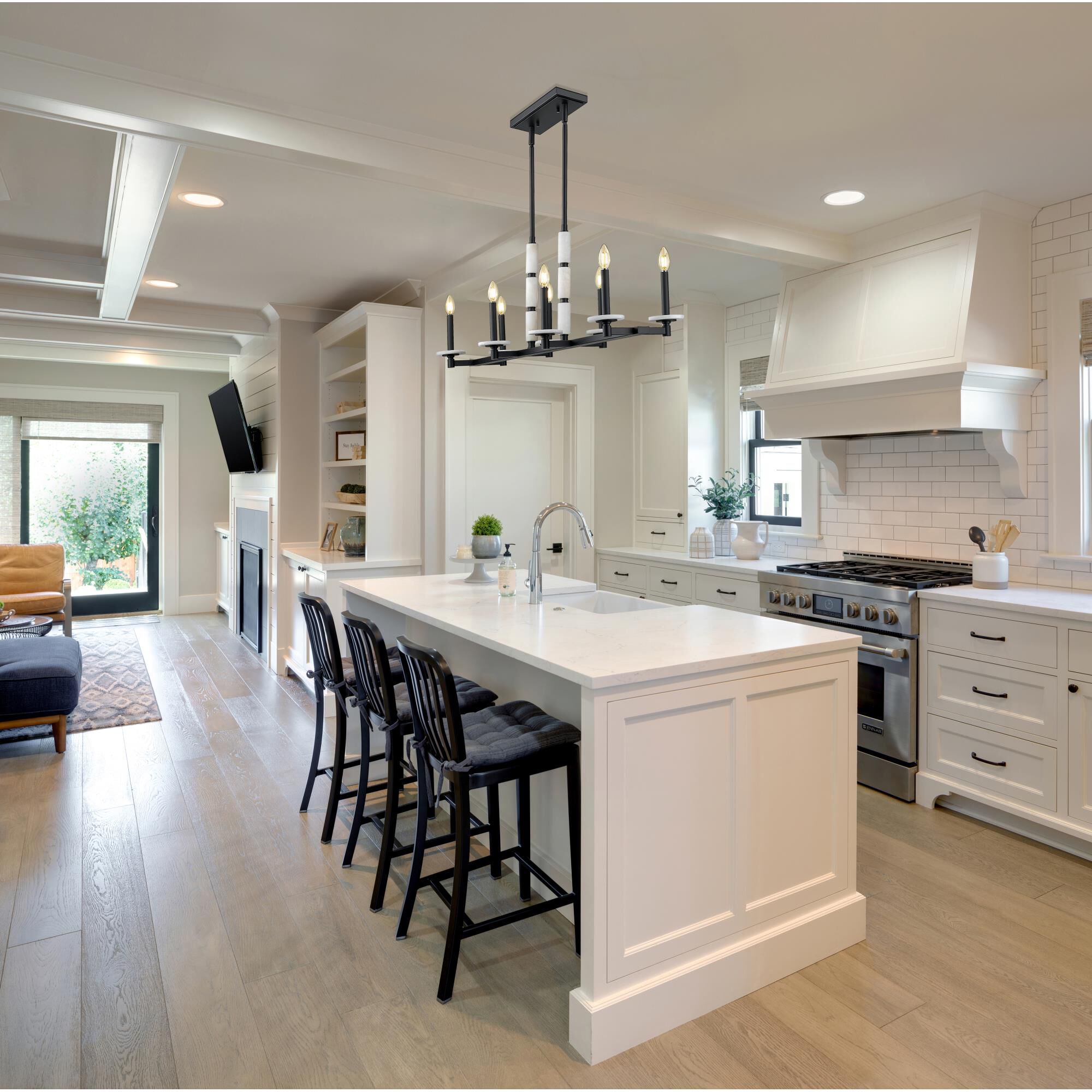 Shown in Matte Black finish and Alabaster glass and Alabaster shade