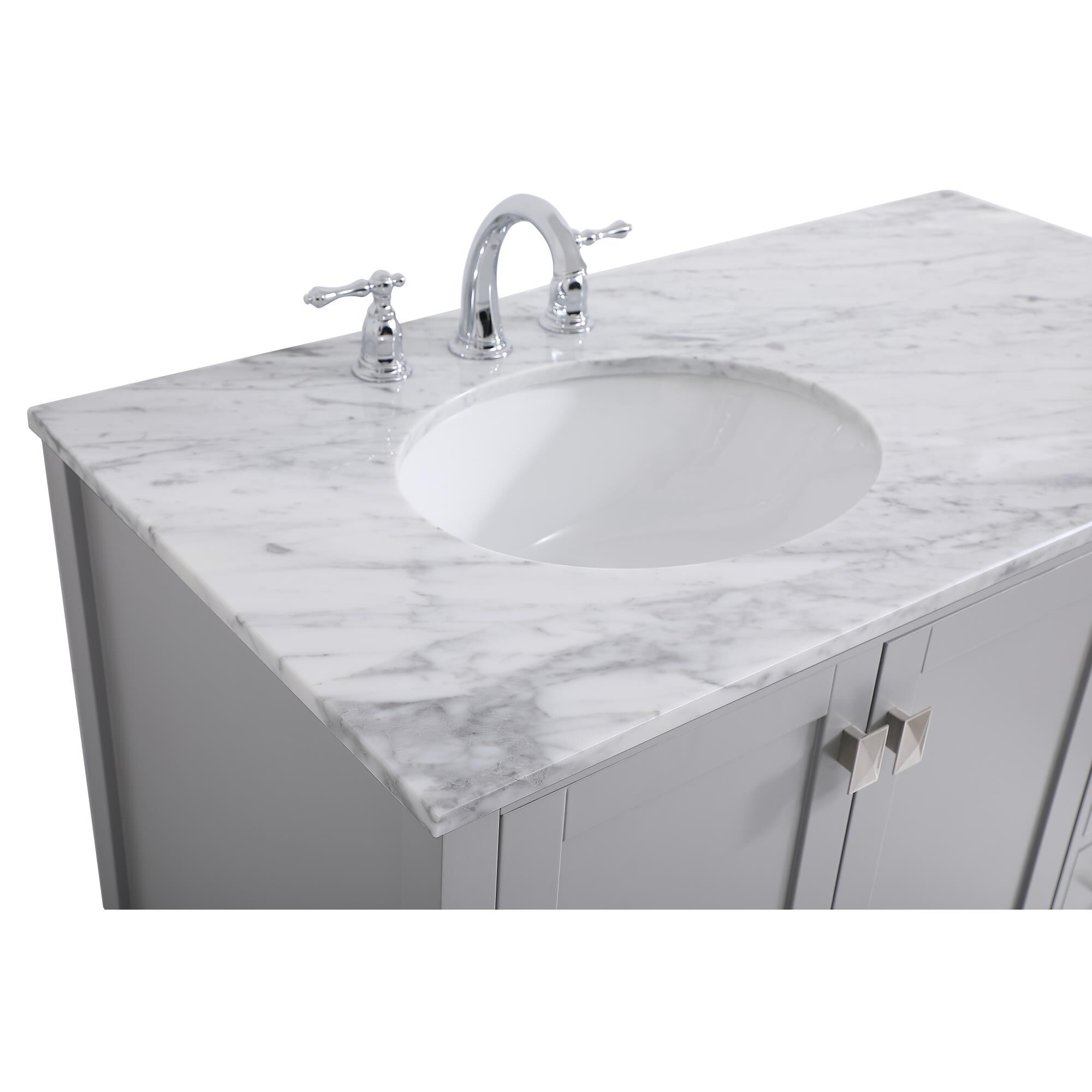 Shown in Gray And Brushed Nickel With Carrara White Marble finish