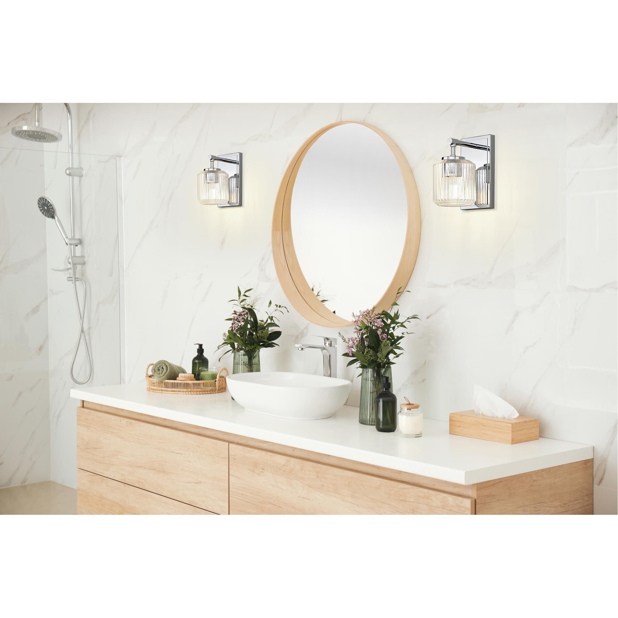 Shown in Chrome finish and Clear Ribbed glass and Clear Ribbed shade