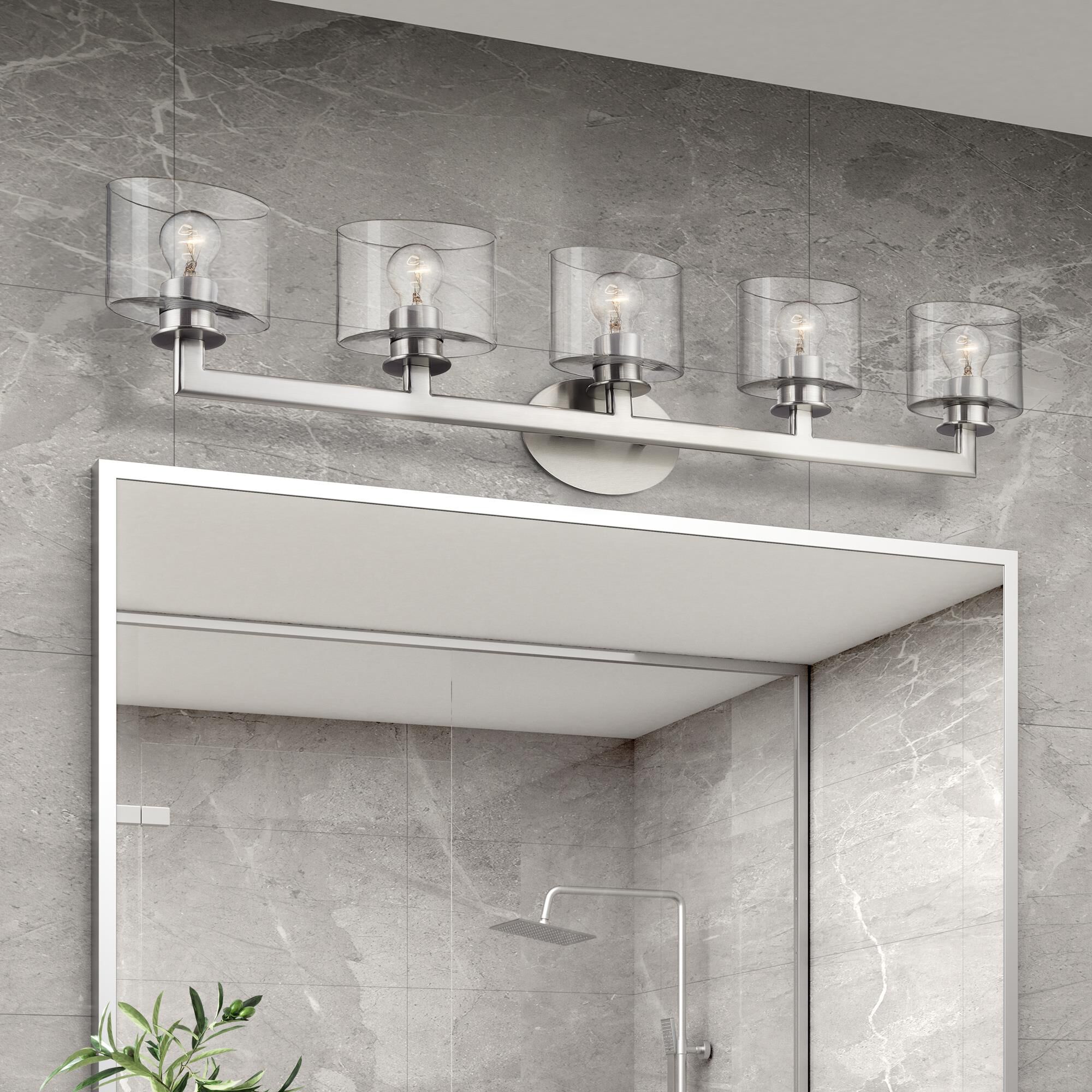 Shown in Brushed Nickel finish and Mouth Blown Clear glass