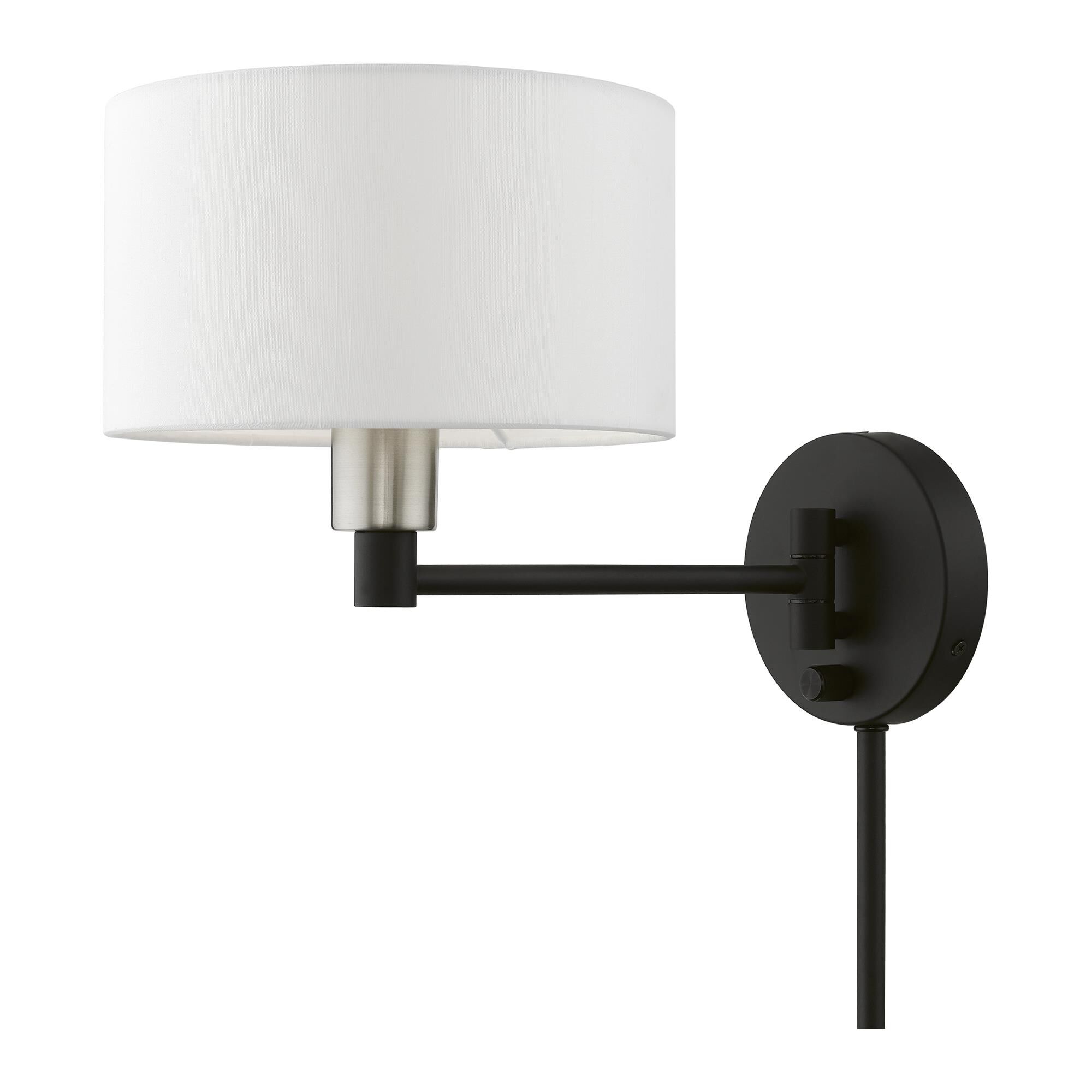 Shown in Black with Brushed Nickel Accent finish and Hand Crafted Off-White Hardback Fabric shade