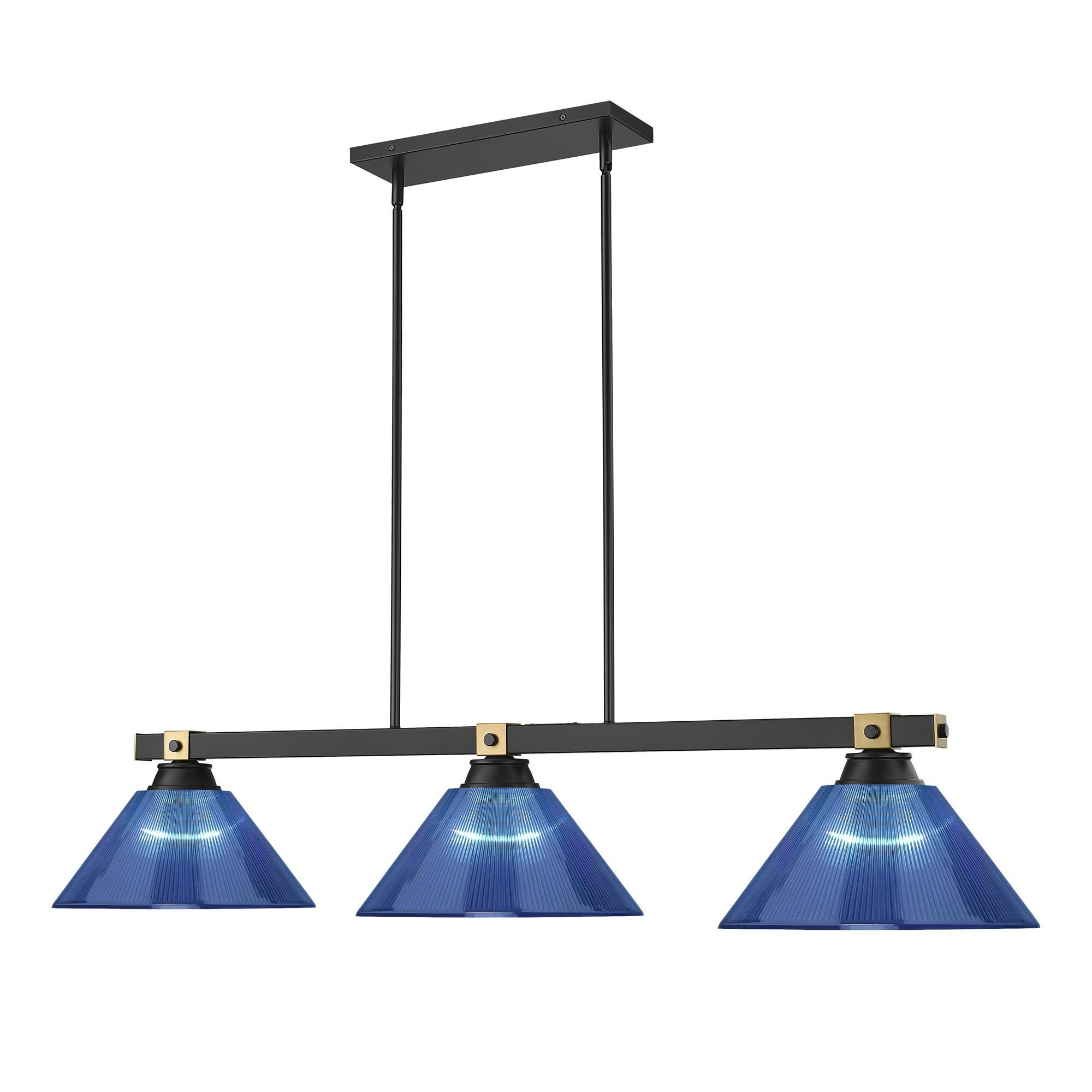Shown in Matte Black + Rubbed Brass finish and Dark Blue glass and Dark Blue shade