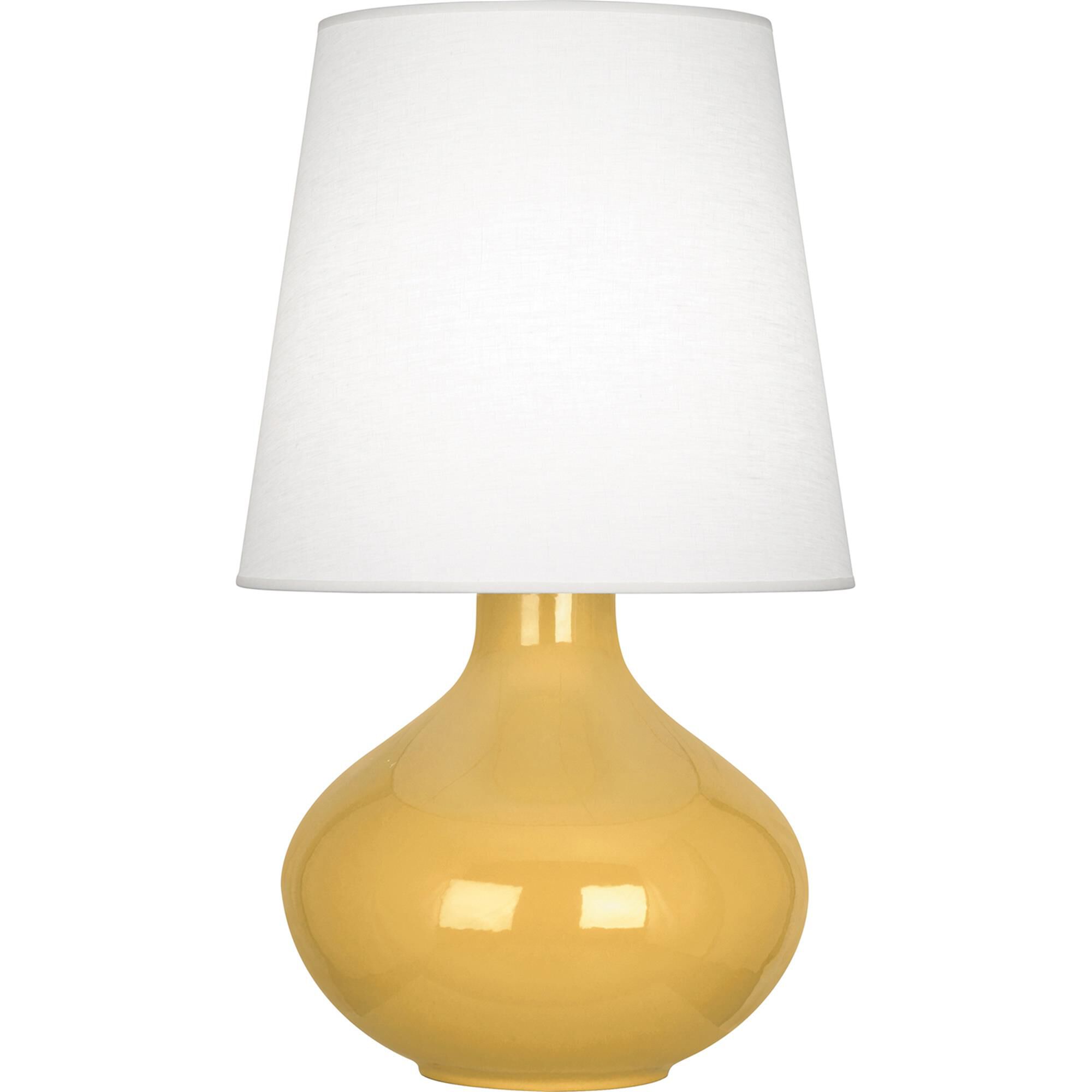 Shown in Sunset Yellow Glazed Ceramic finish and Oyster Linen shade