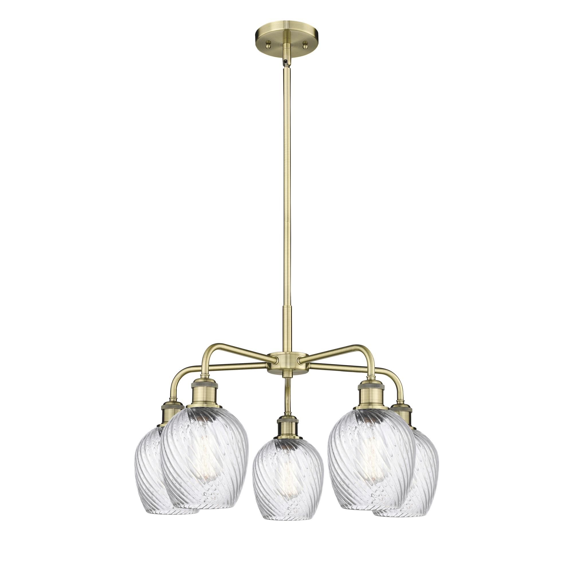 Shown in Antique Brass finish and Clear Spiral Fluted glass