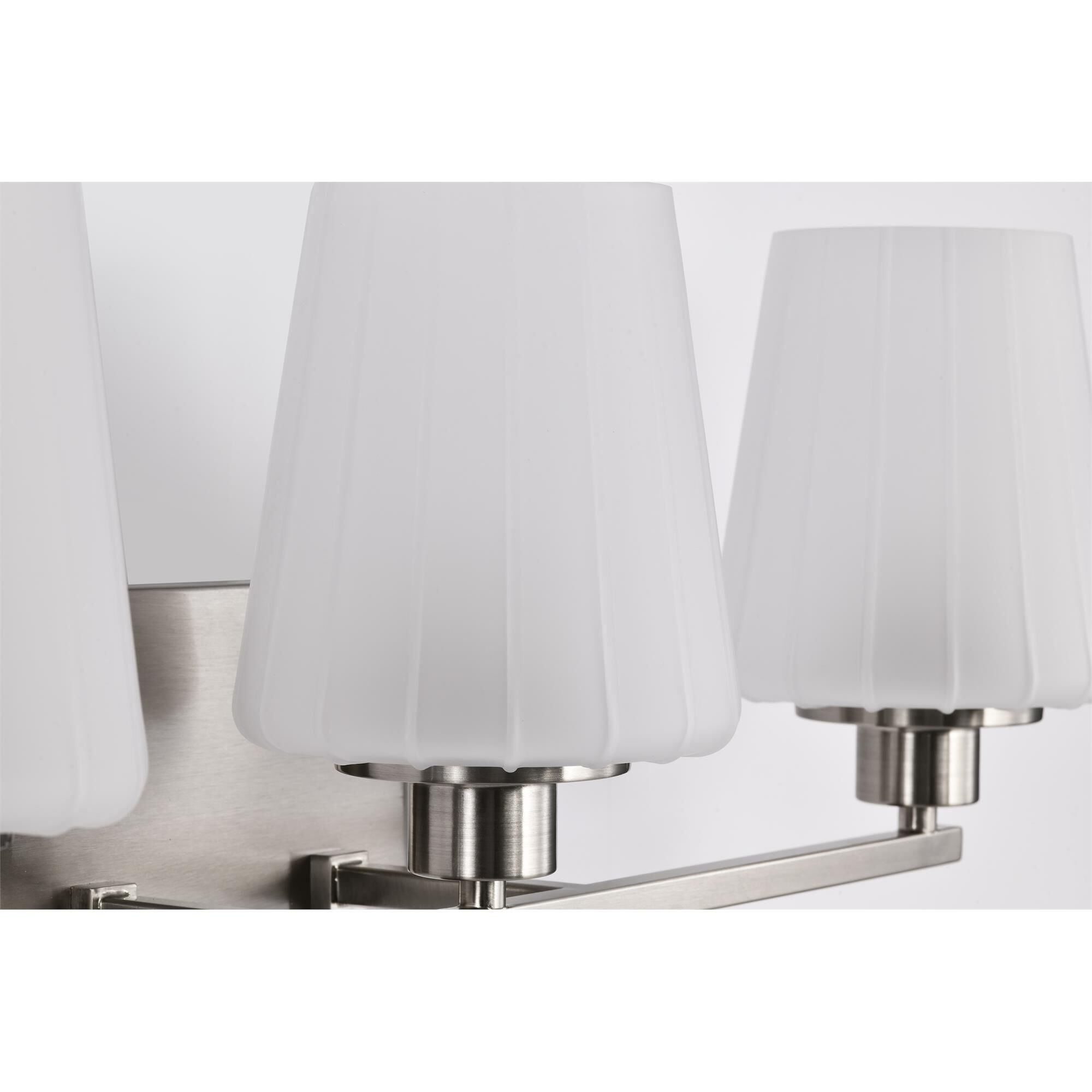 Shown in Brushed Nickel finish and Etched White glass