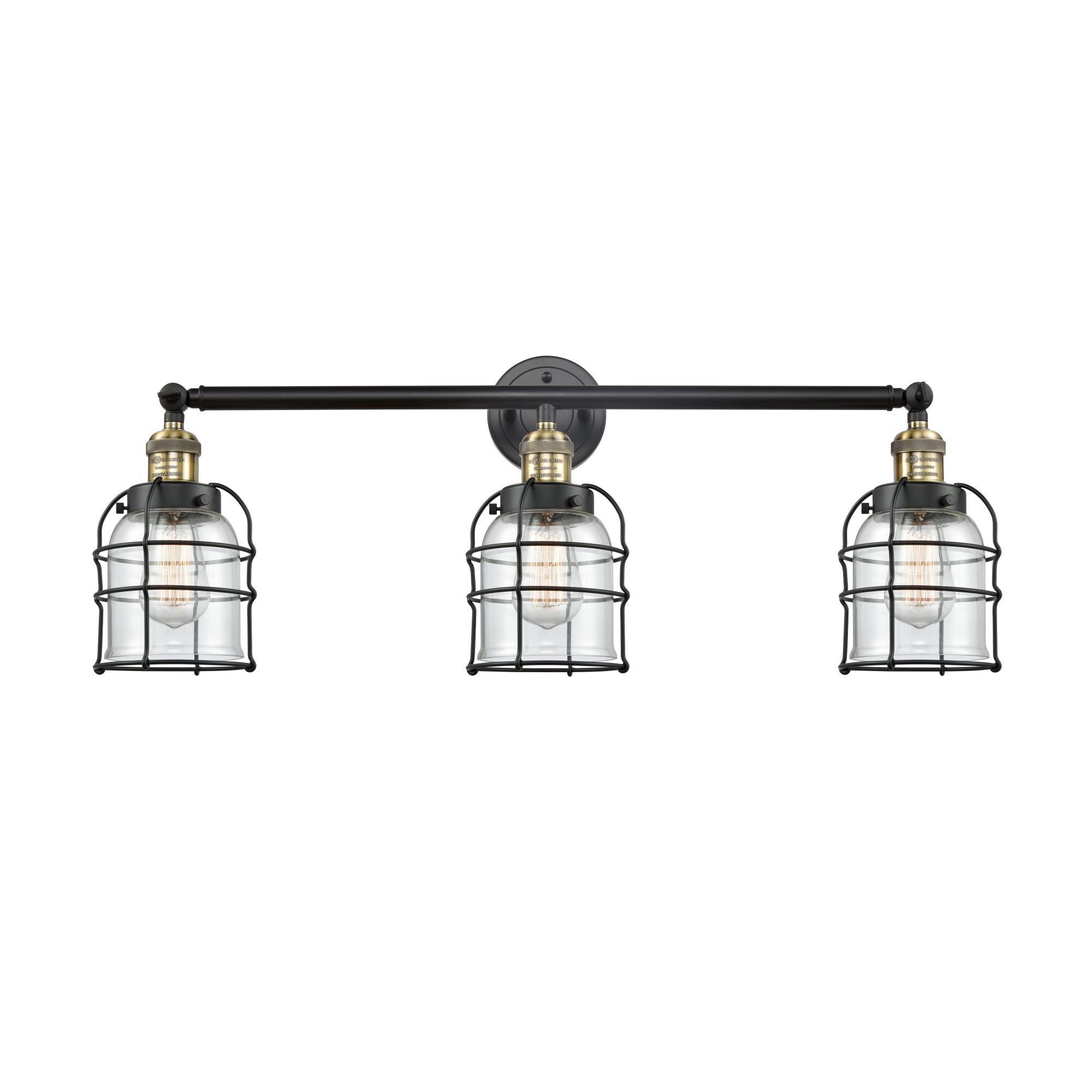 Shown in Black Antique Brass finish and Clear Small Bell Cage glass and Matte Black accent
