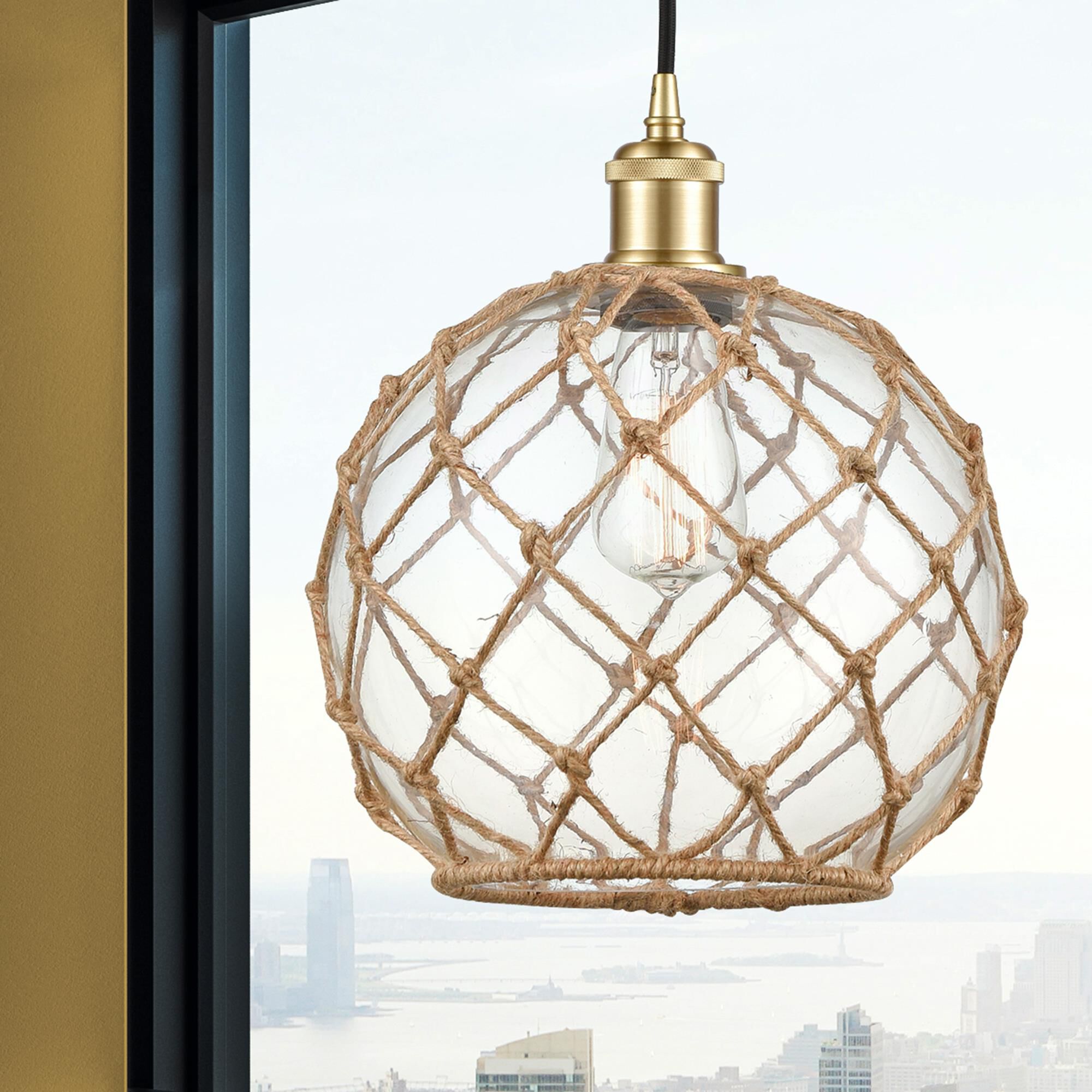 Shown in Satin Gold finish and Clear Large Farmhousewith Brown Rope glass and Polished Chrome accent